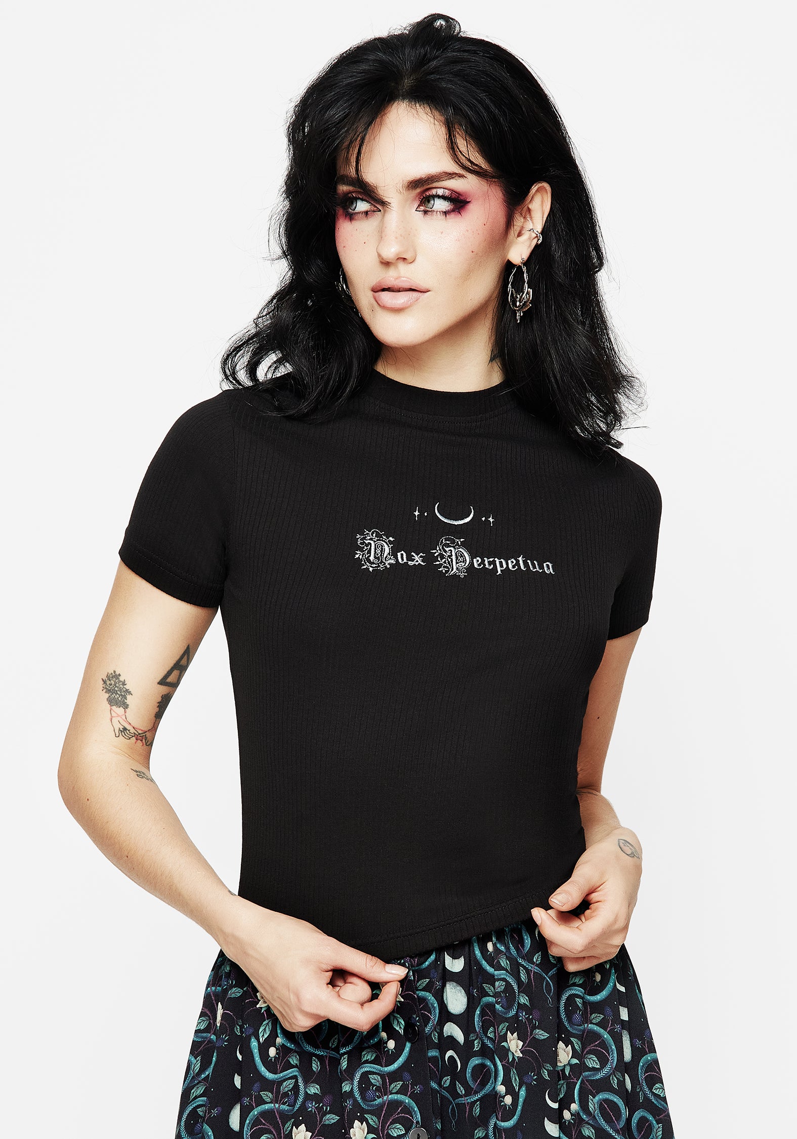 Black Embroidered Ribbed Crop Top | Slim Fit & Stretchy Cotton