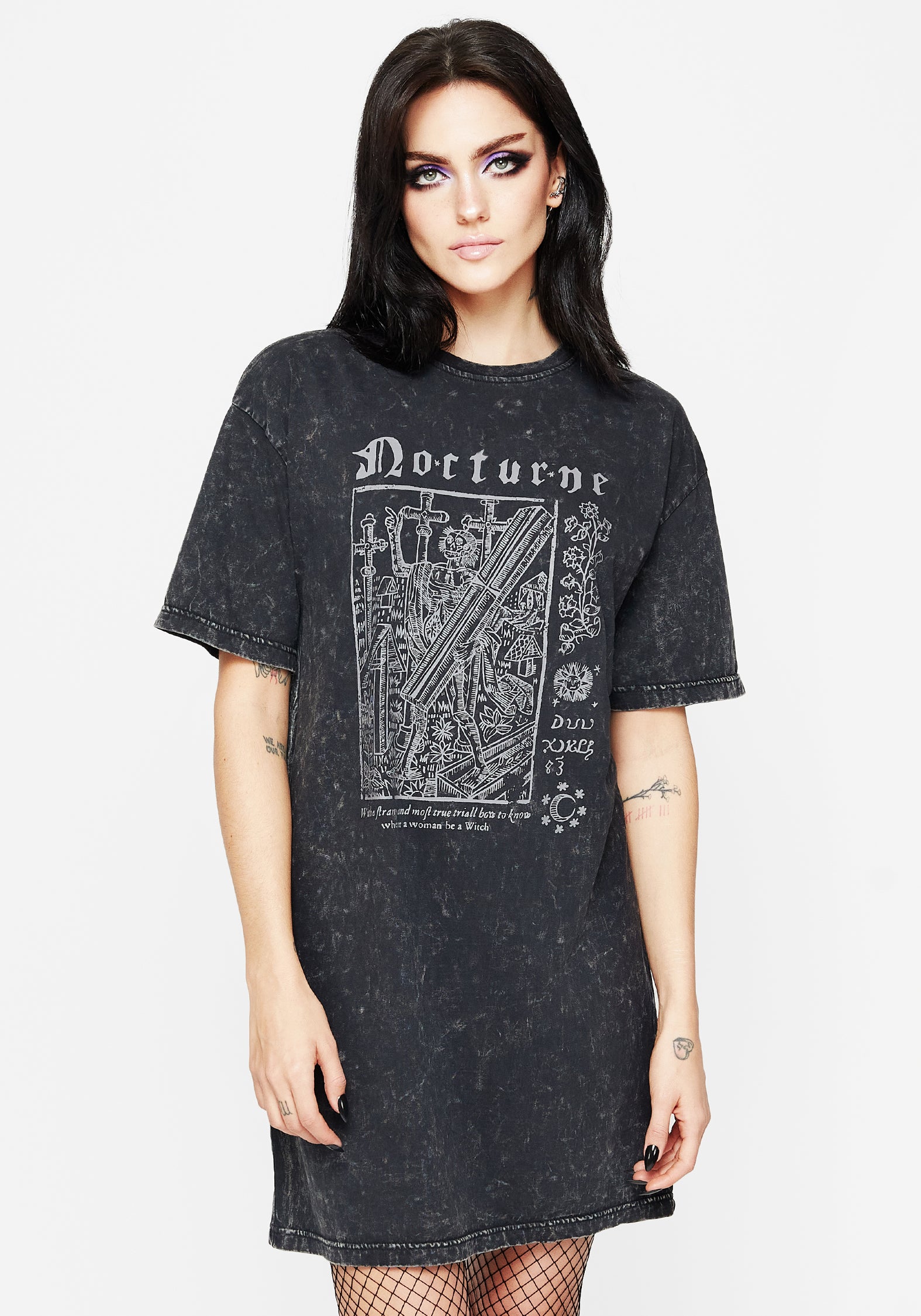 Grey Graphic Print Tee Dress with Witch Trial Design | Nocturne