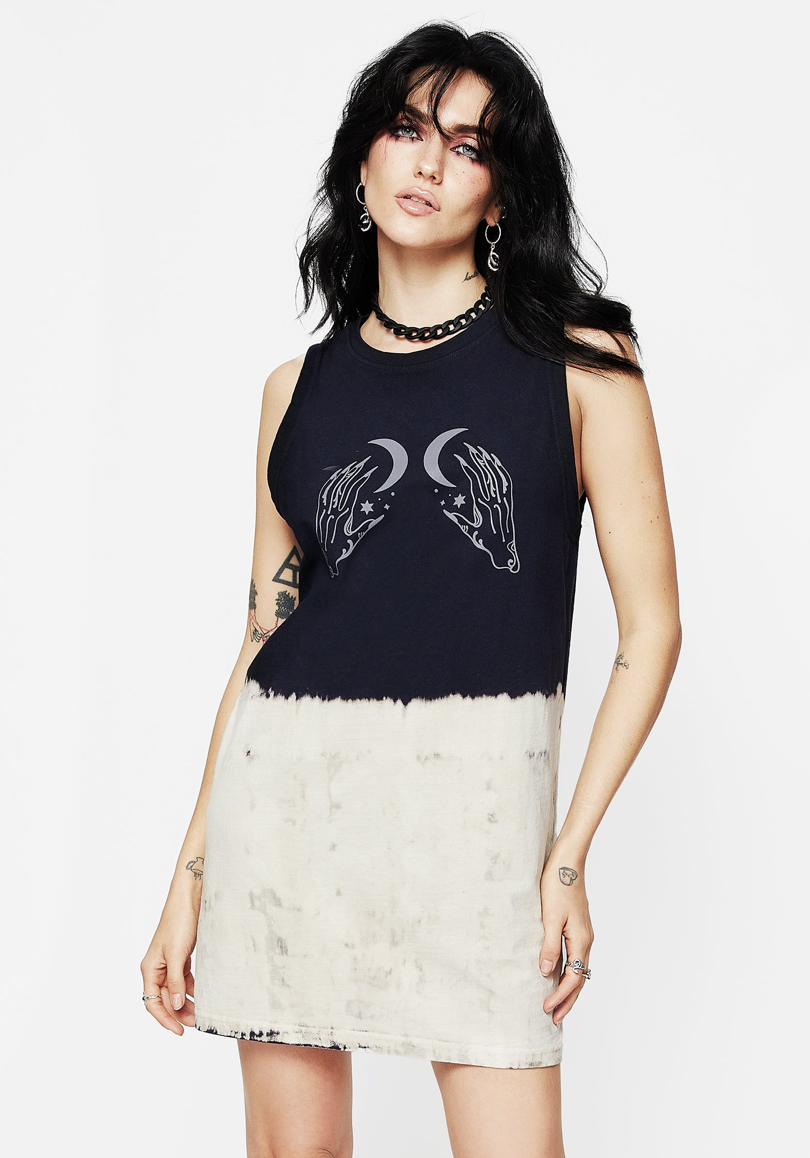 Tie Dye Longline Tank Top with Witchy Graphic Print | Galdor