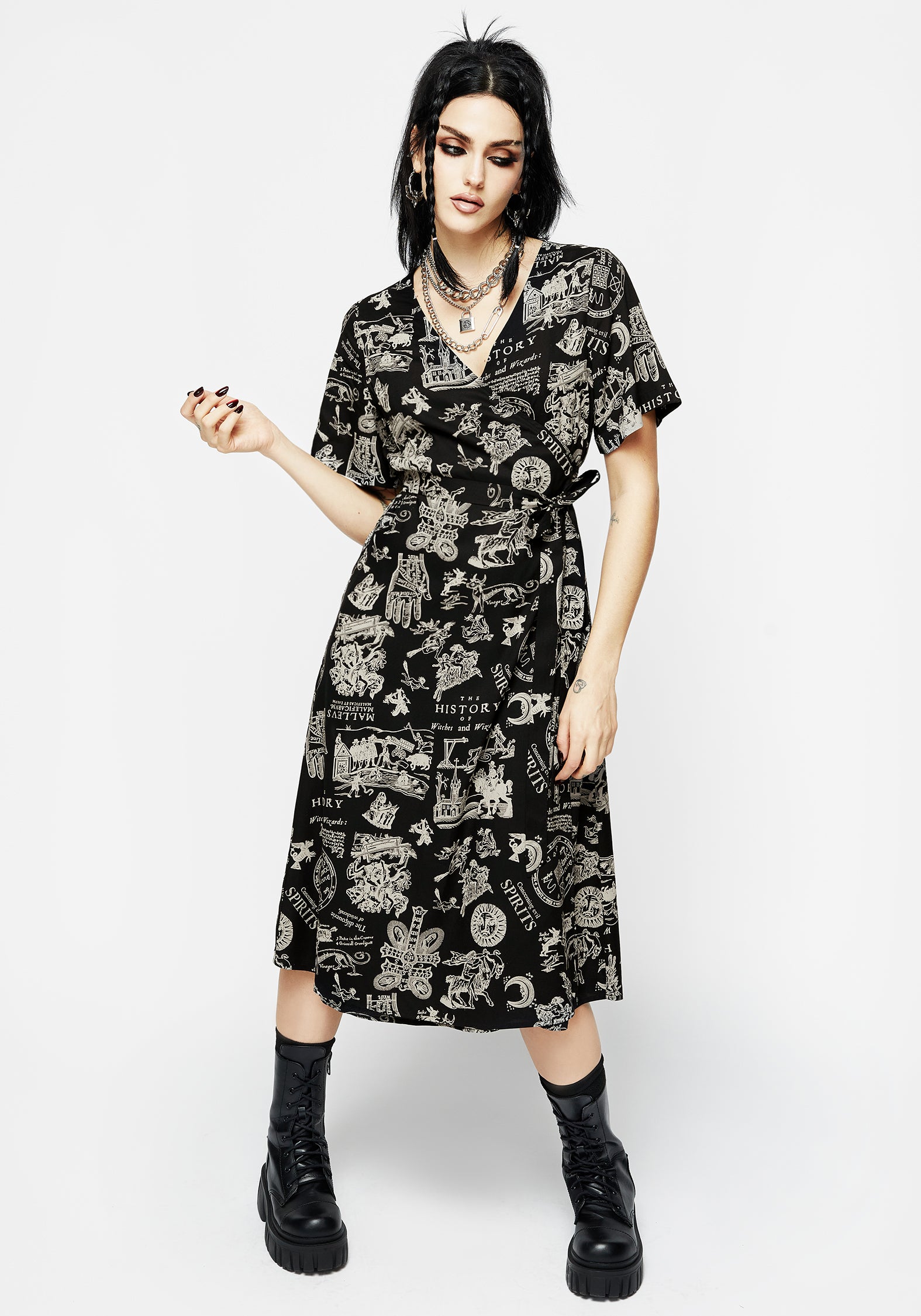 Black Witchcraft Print Midi Wrap Dress with V-Neck & Side Split | Heresy
