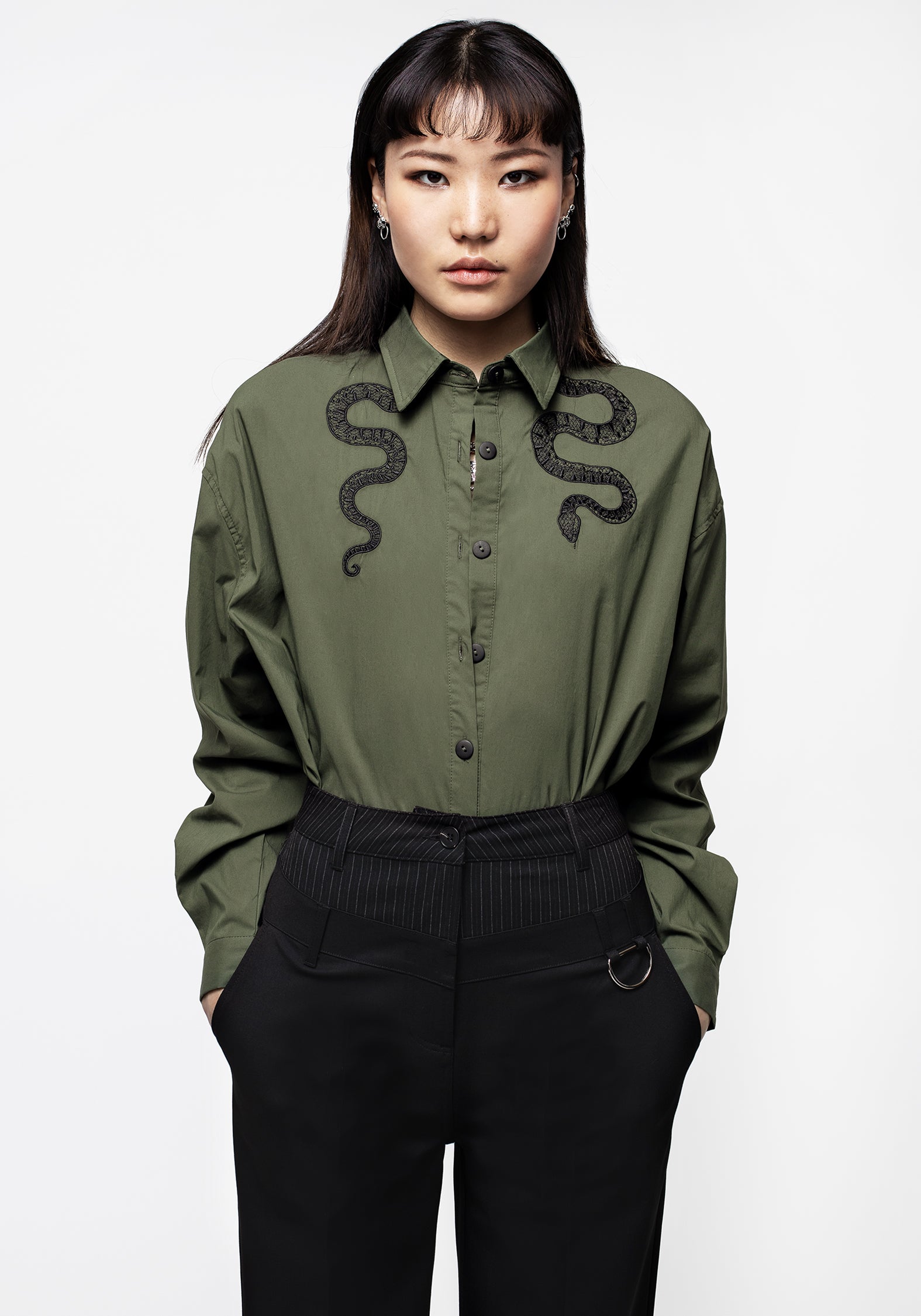 Oversized Green Cotton Shirt with Snake Embroidery | Slither Loose Fit