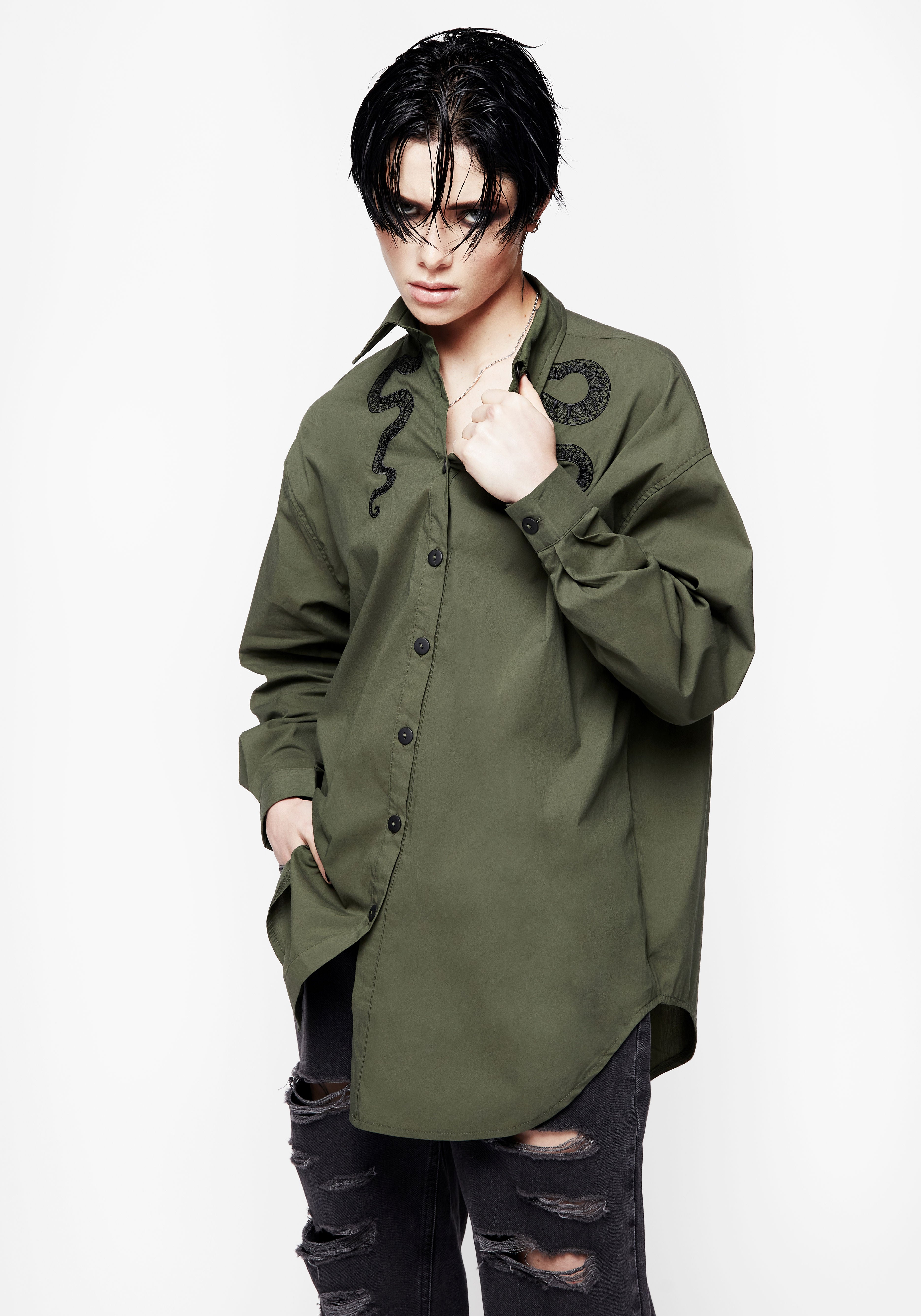 Oversized Green Cotton Shirt with Snake Embroidery | Slither Loose Fit