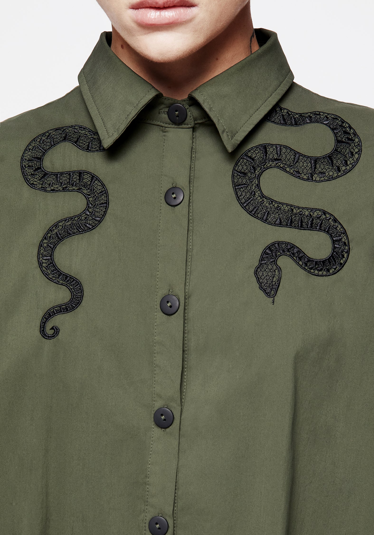 Oversized Green Cotton Shirt with Snake Embroidery | Slither Loose Fit
