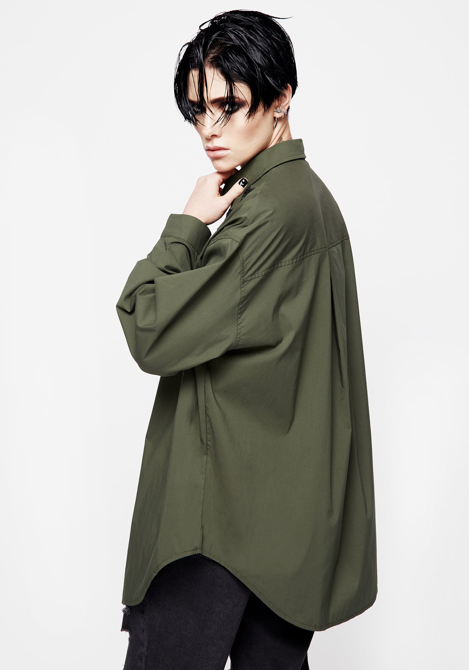 Oversized Green Cotton Shirt with Snake Embroidery | Slither Loose Fit