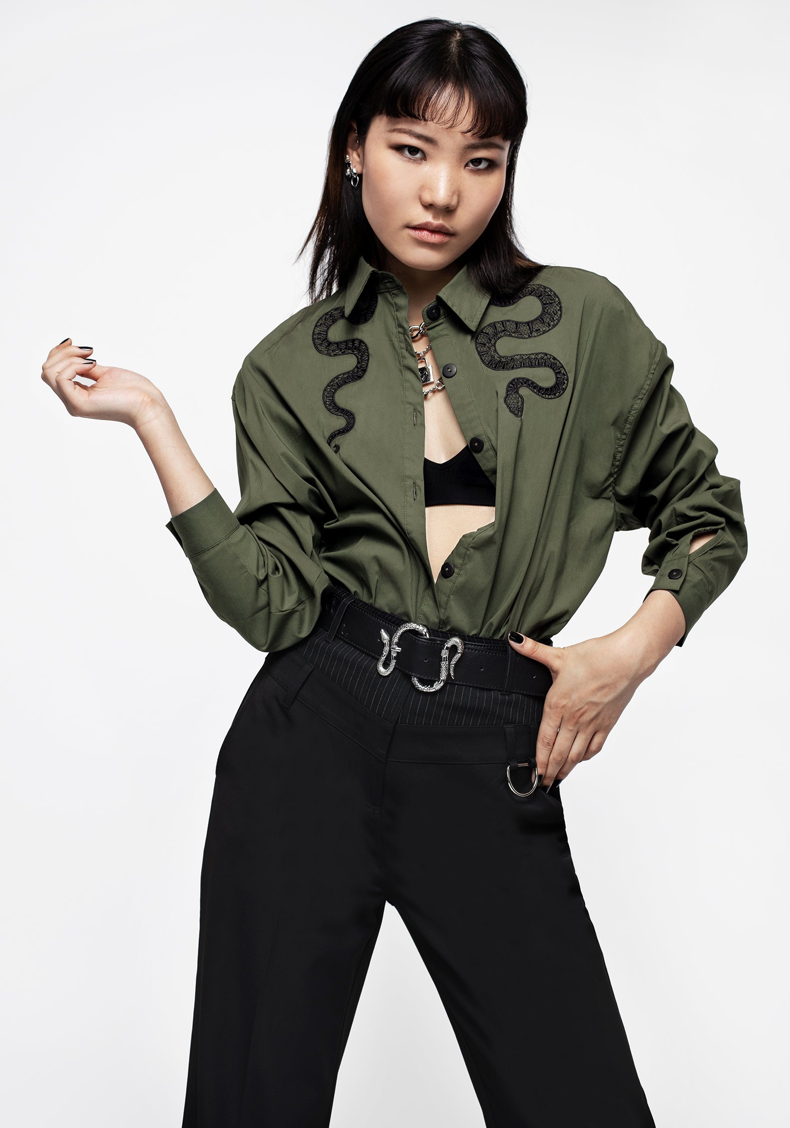 Oversized Green Cotton Shirt with Snake Embroidery | Slither Loose Fit