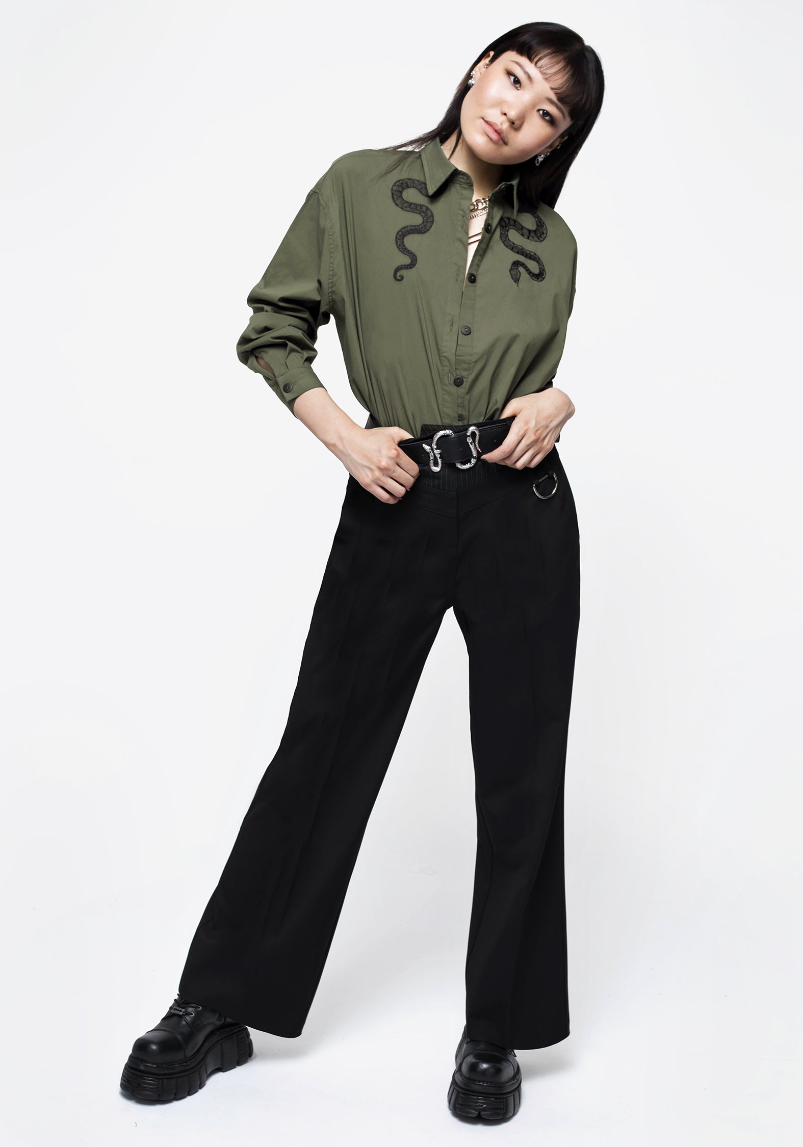 Oversized Green Cotton Shirt with Snake Embroidery | Slither Loose Fit