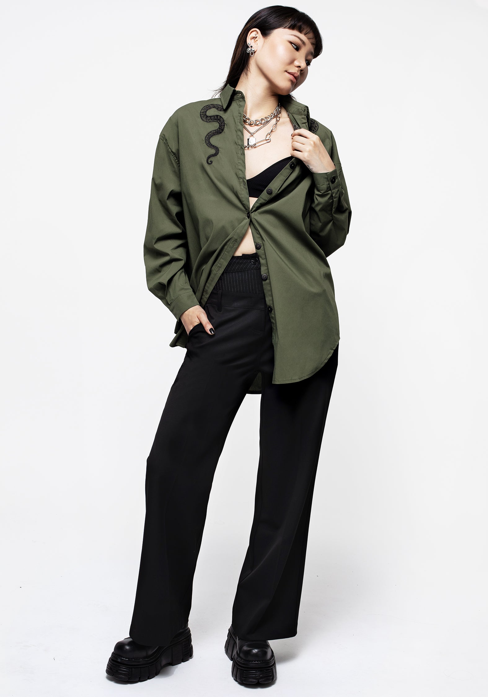 Oversized Green Cotton Shirt with Snake Embroidery | Slither Loose Fit