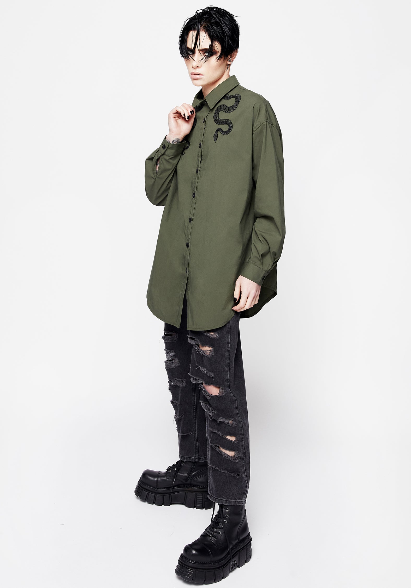 Oversized Green Cotton Shirt with Snake Embroidery | Slither Loose Fit