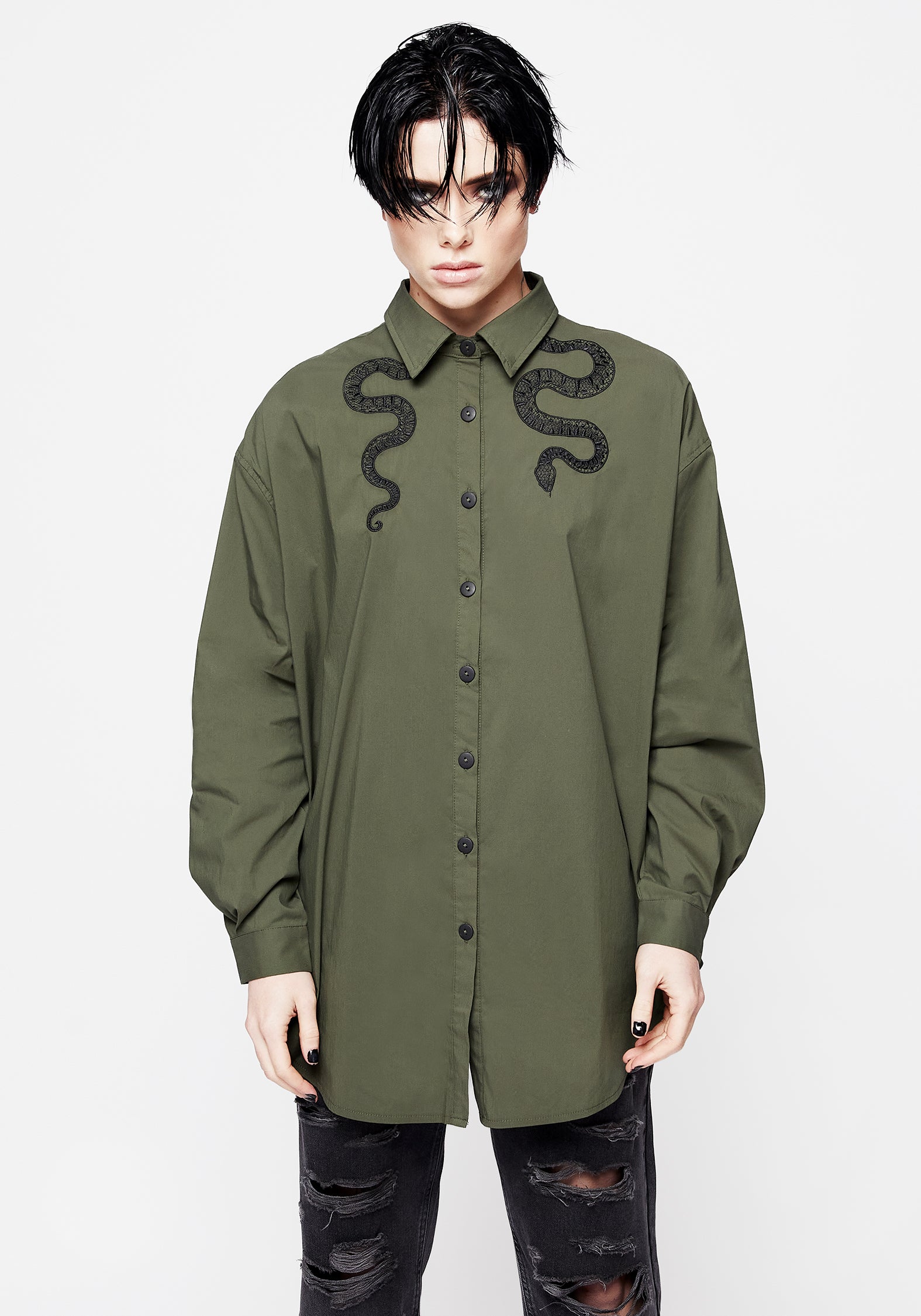 Oversized Green Cotton Shirt with Snake Embroidery | Slither Loose Fit