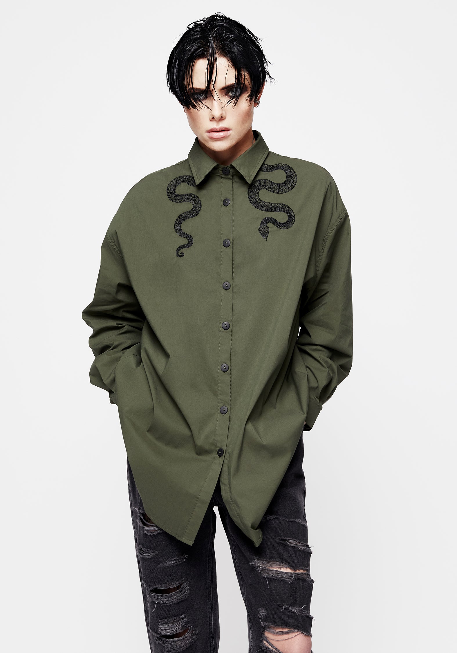 Oversized Green Cotton Shirt with Snake Embroidery | Slither Loose Fit