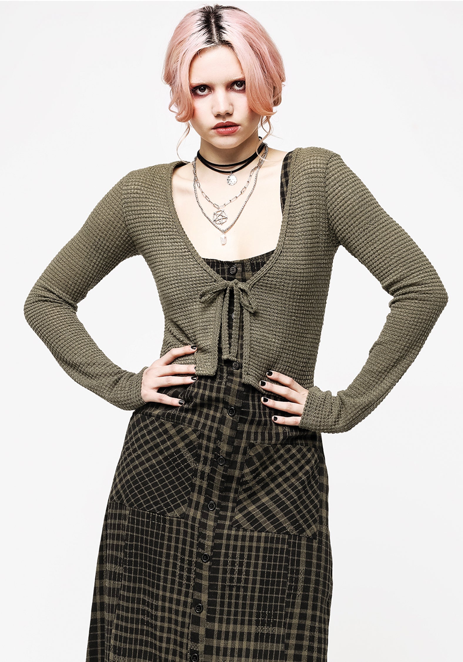 Olive Green Cropped Tie-Front Cardigan | Retrograde Textured