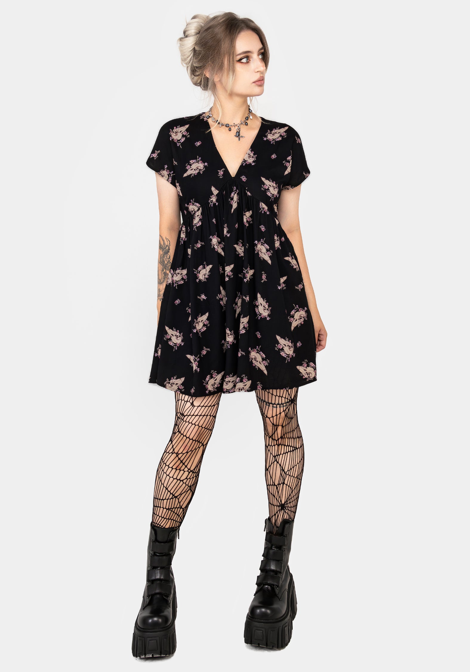 Black Floral Bird Skull Print V-Neck Mini Dress | Carrion