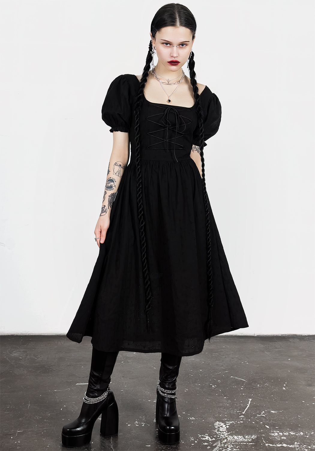 Lace-Up Broderie Midi Dress with Puffed Sleeves | Litha