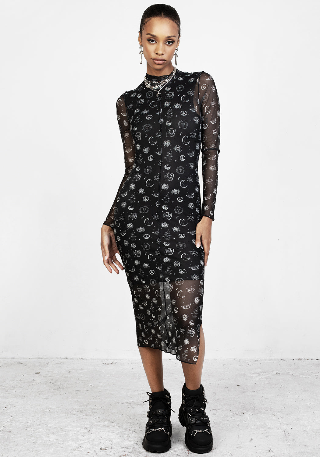 Black Mesh Midi Dress with Sheer Slit & 90s Trim | Euphoria