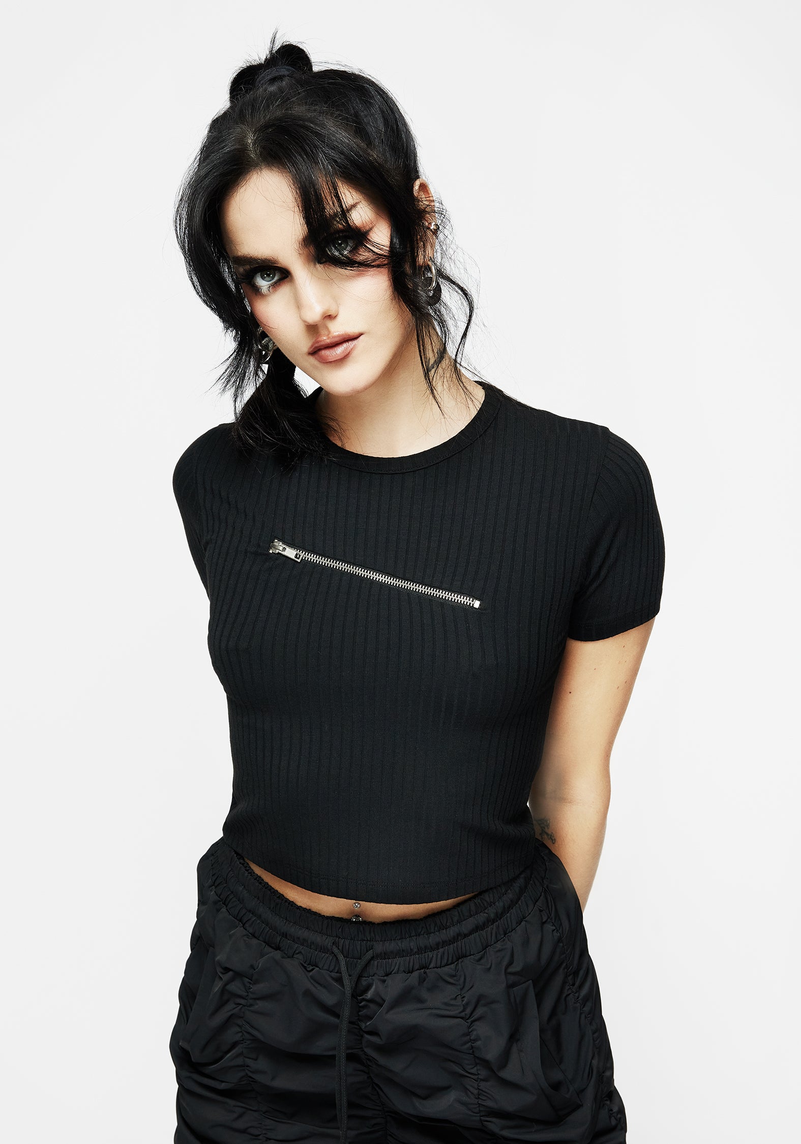 Black Ribbed Zip Crop Top with Silver Detail | Hanna