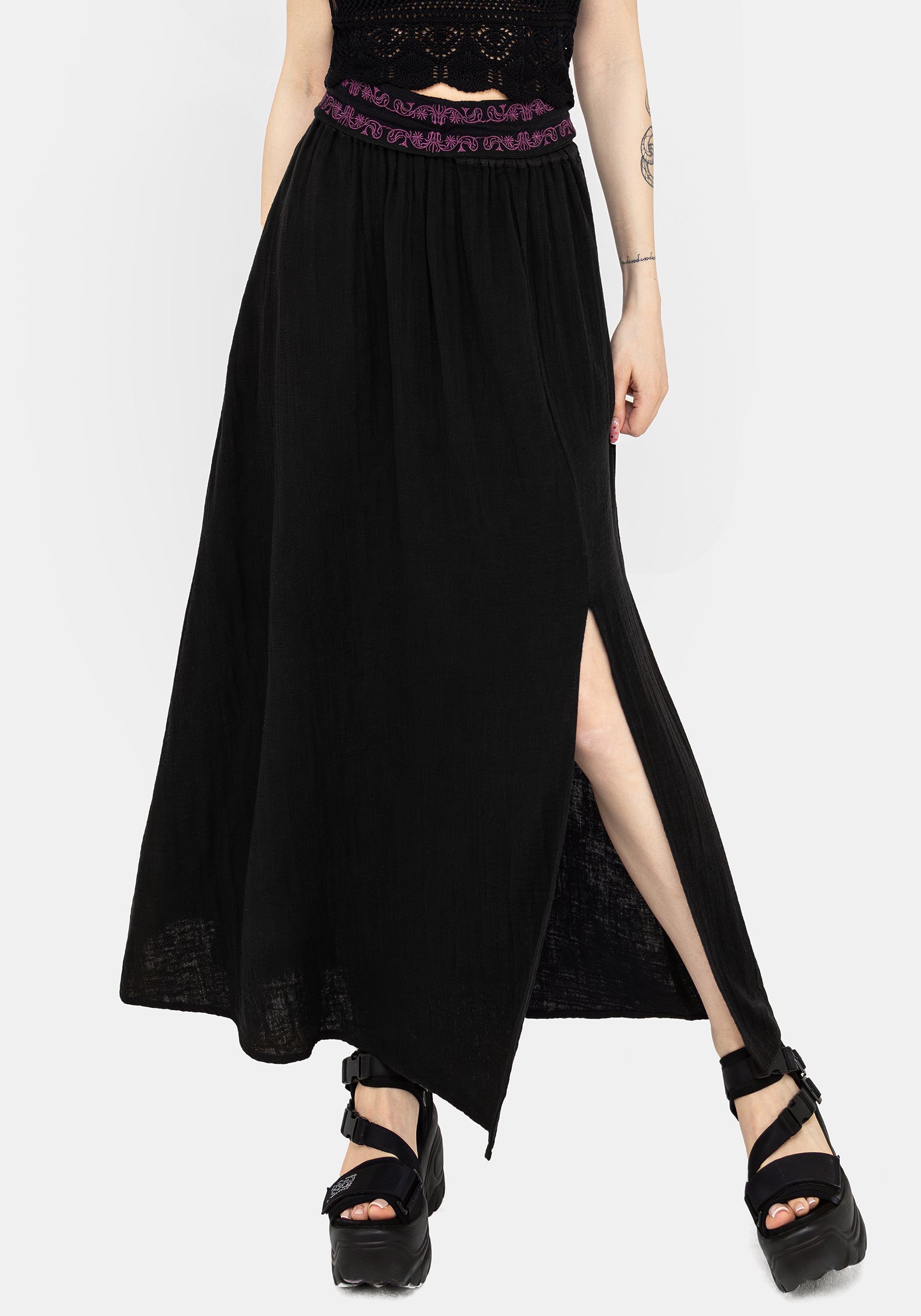 Embroidered Cotton Maxi Skirt with Belt & Pockets | Amatorium