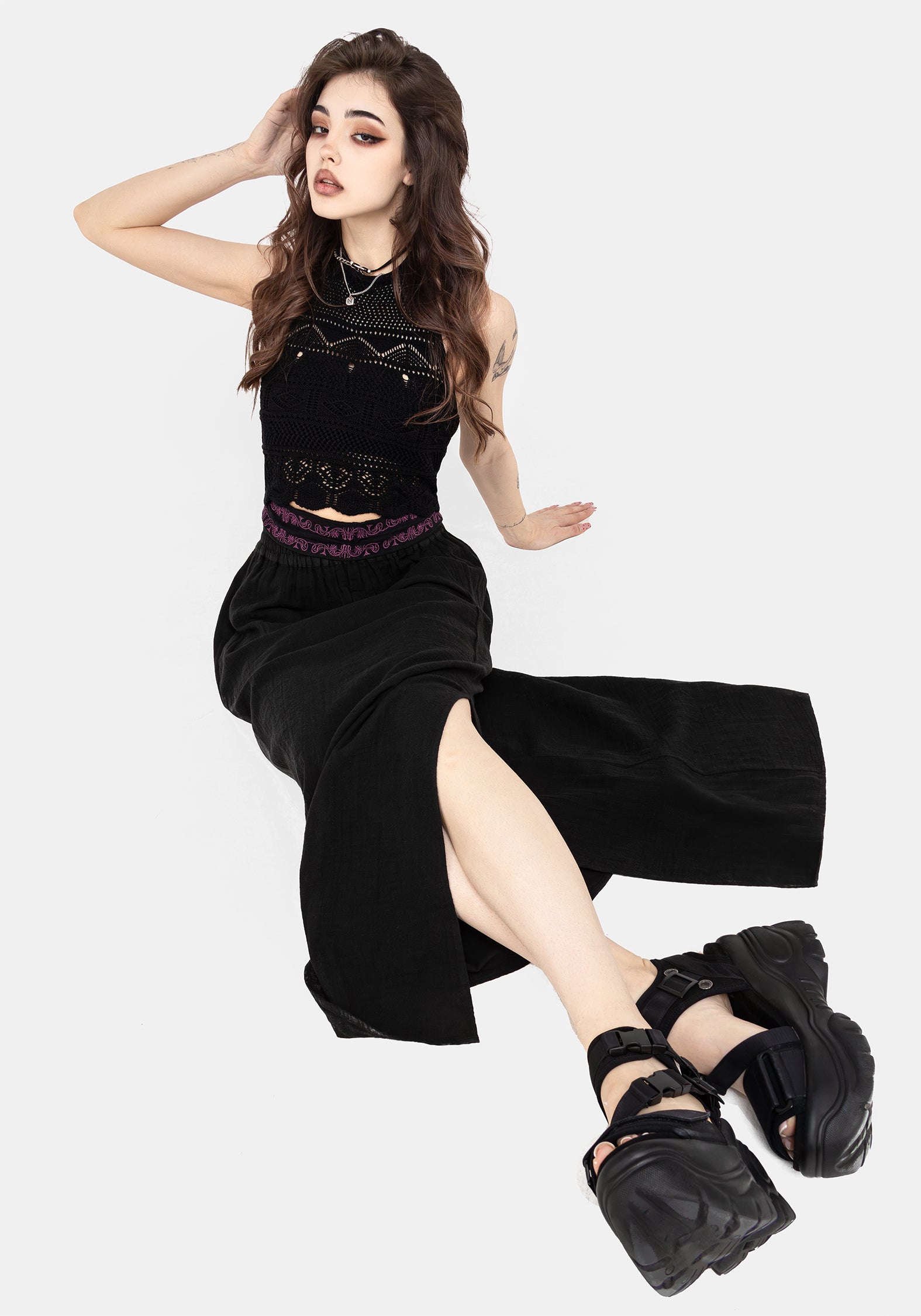 Embroidered Cotton Maxi Skirt with Belt & Pockets | Amatorium