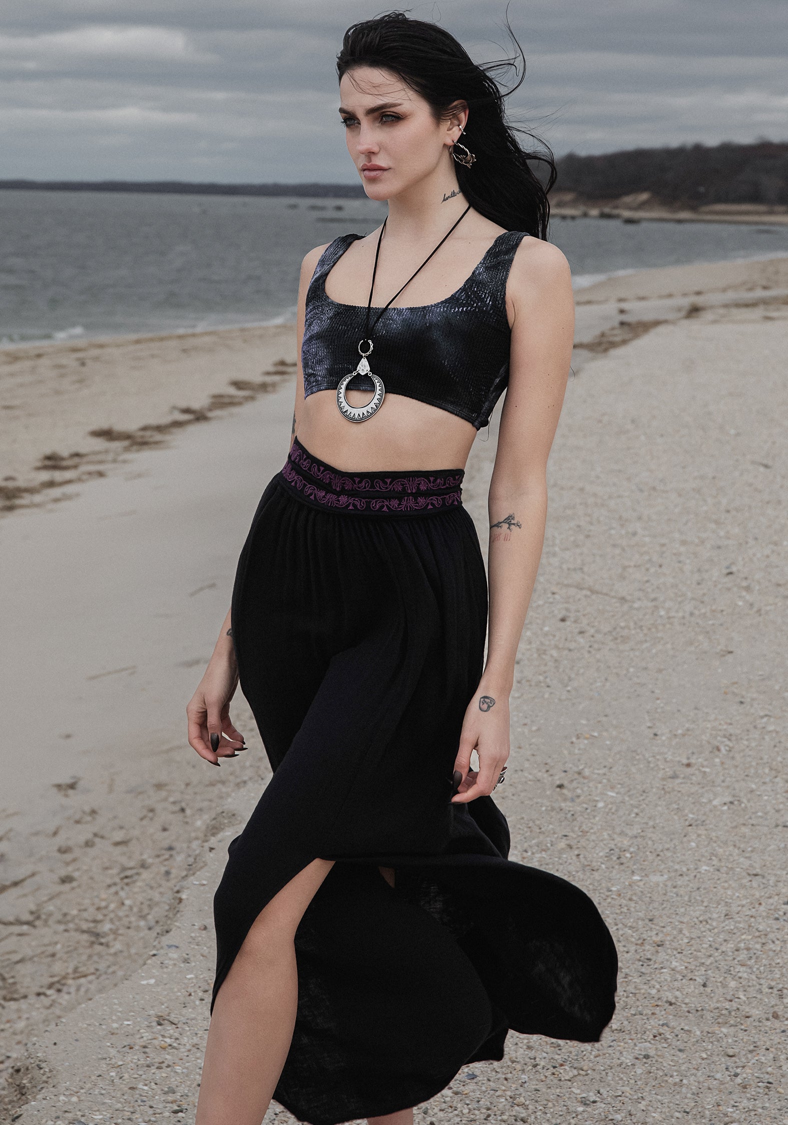 Embroidered Cotton Maxi Skirt with Belt & Pockets | Amatorium