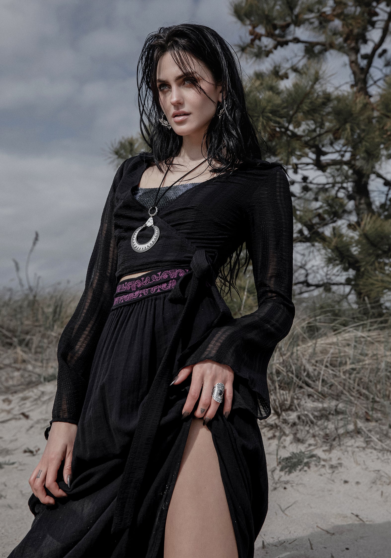 Embroidered Cotton Maxi Skirt with Belt & Pockets | Amatorium