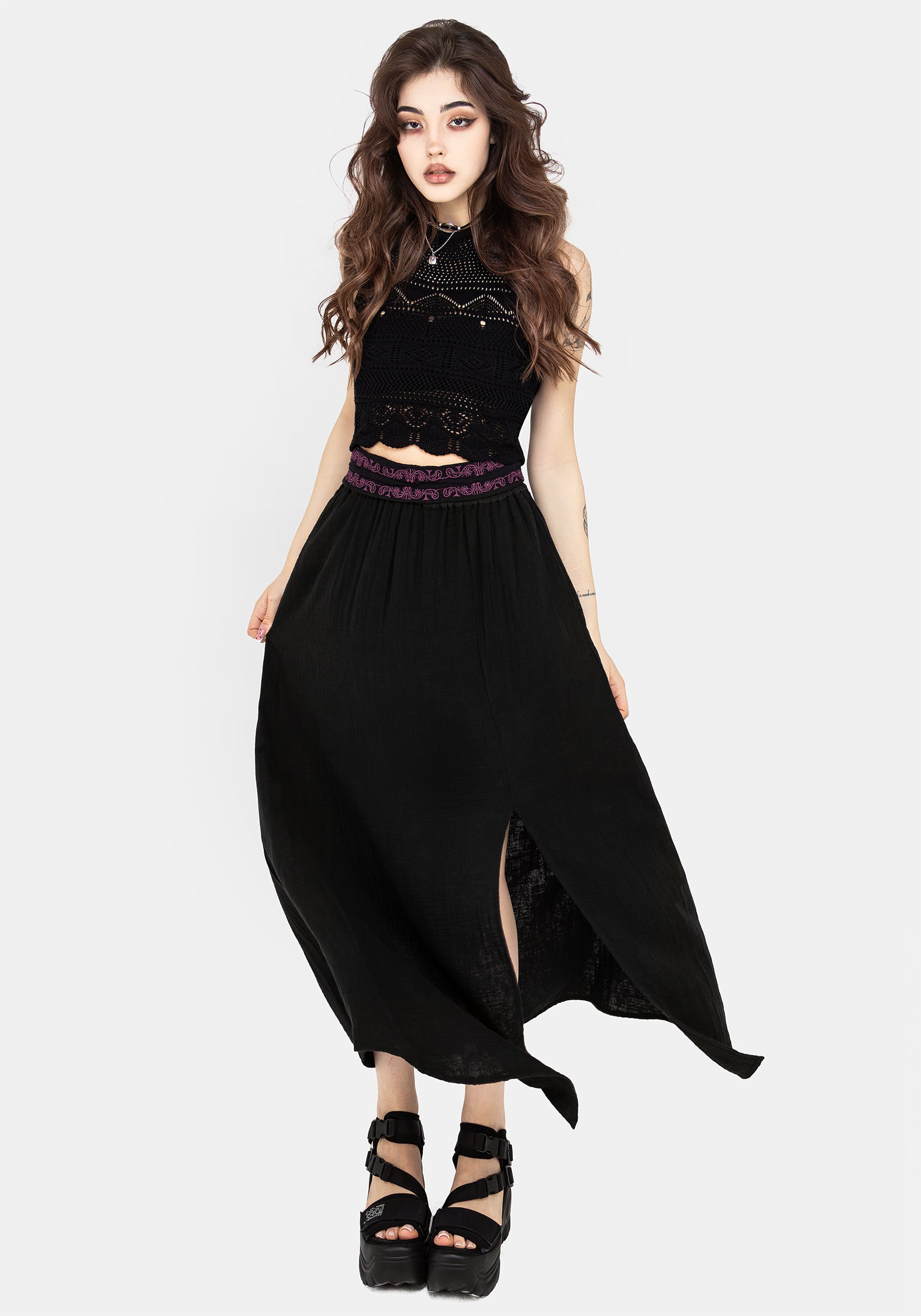 Embroidered Cotton Maxi Skirt with Belt & Pockets | Amatorium