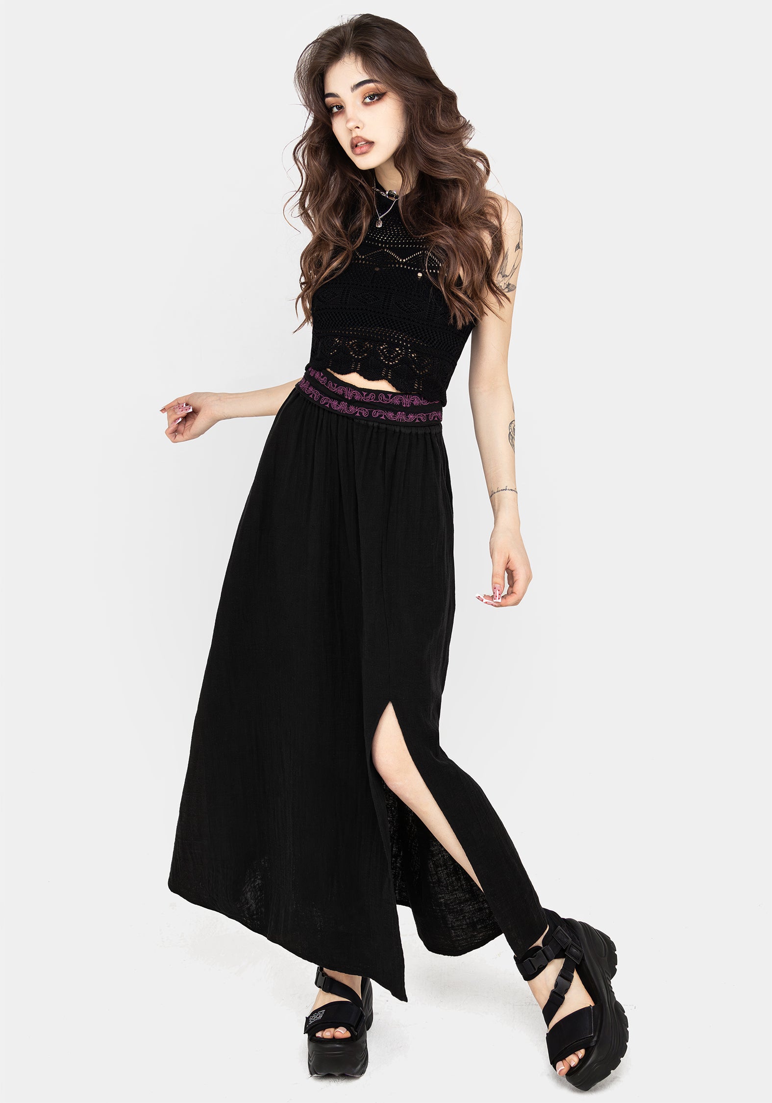 Embroidered Cotton Maxi Skirt with Belt & Pockets | Amatorium