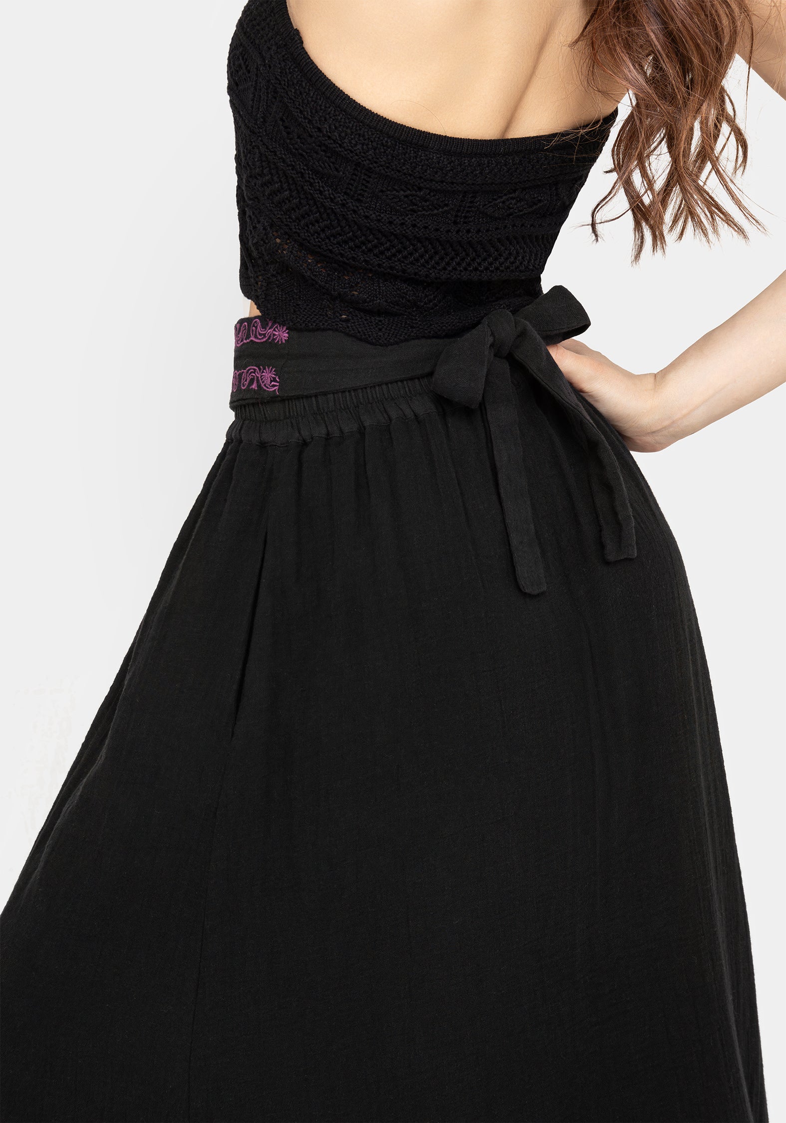 Embroidered Cotton Maxi Skirt with Belt & Pockets | Amatorium