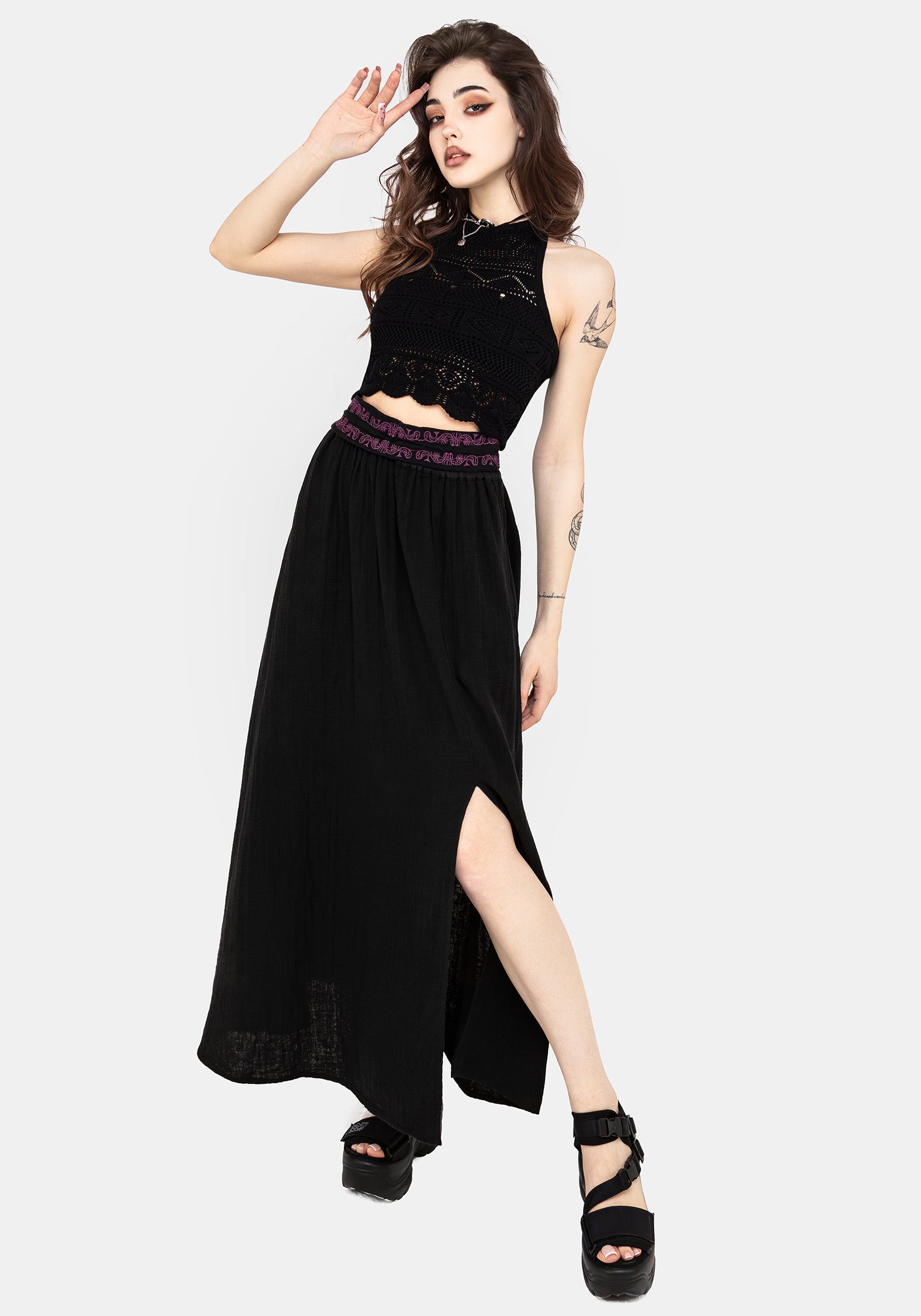 Embroidered Cotton Maxi Skirt with Belt & Pockets | Amatorium