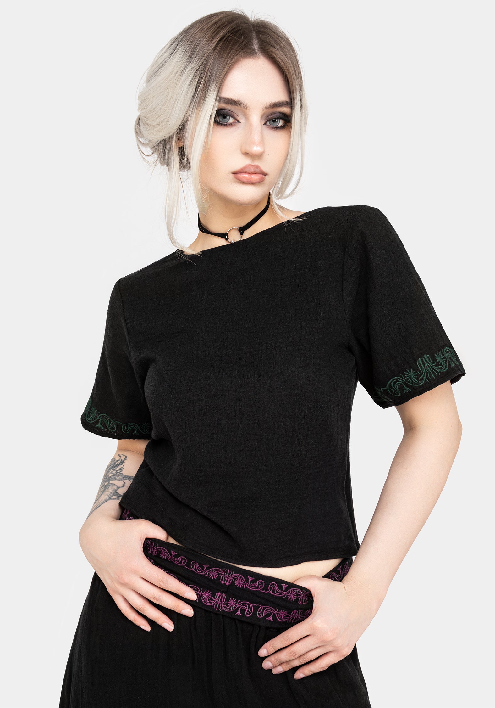 Embroidered Cotton Top with Faux-Wrap Back | Damiana