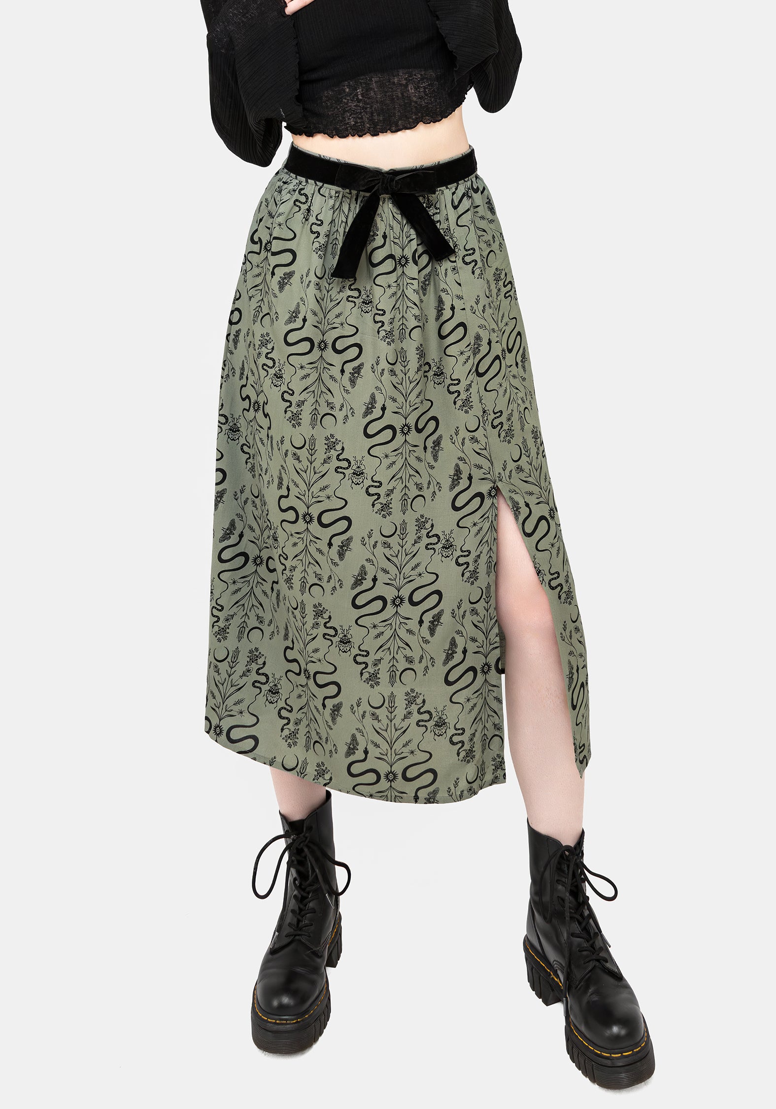 Green Snake Print Midi Skirt with Pockets & Split | Dominion