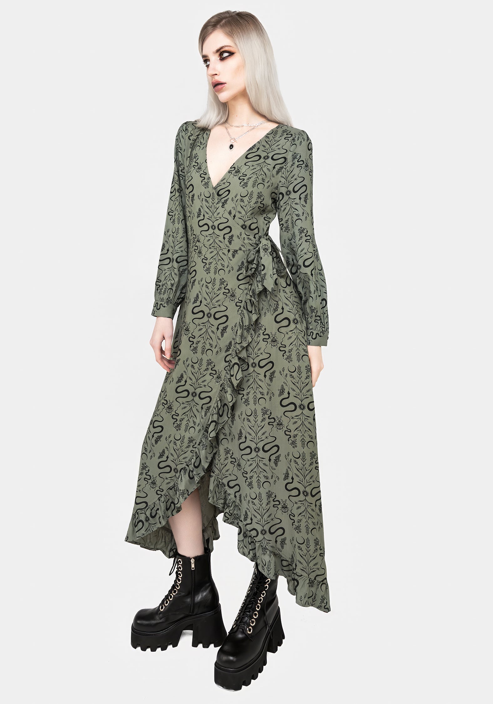 Green Snake Print Wrap Dress with V-Neck & Ruffles | Dominion