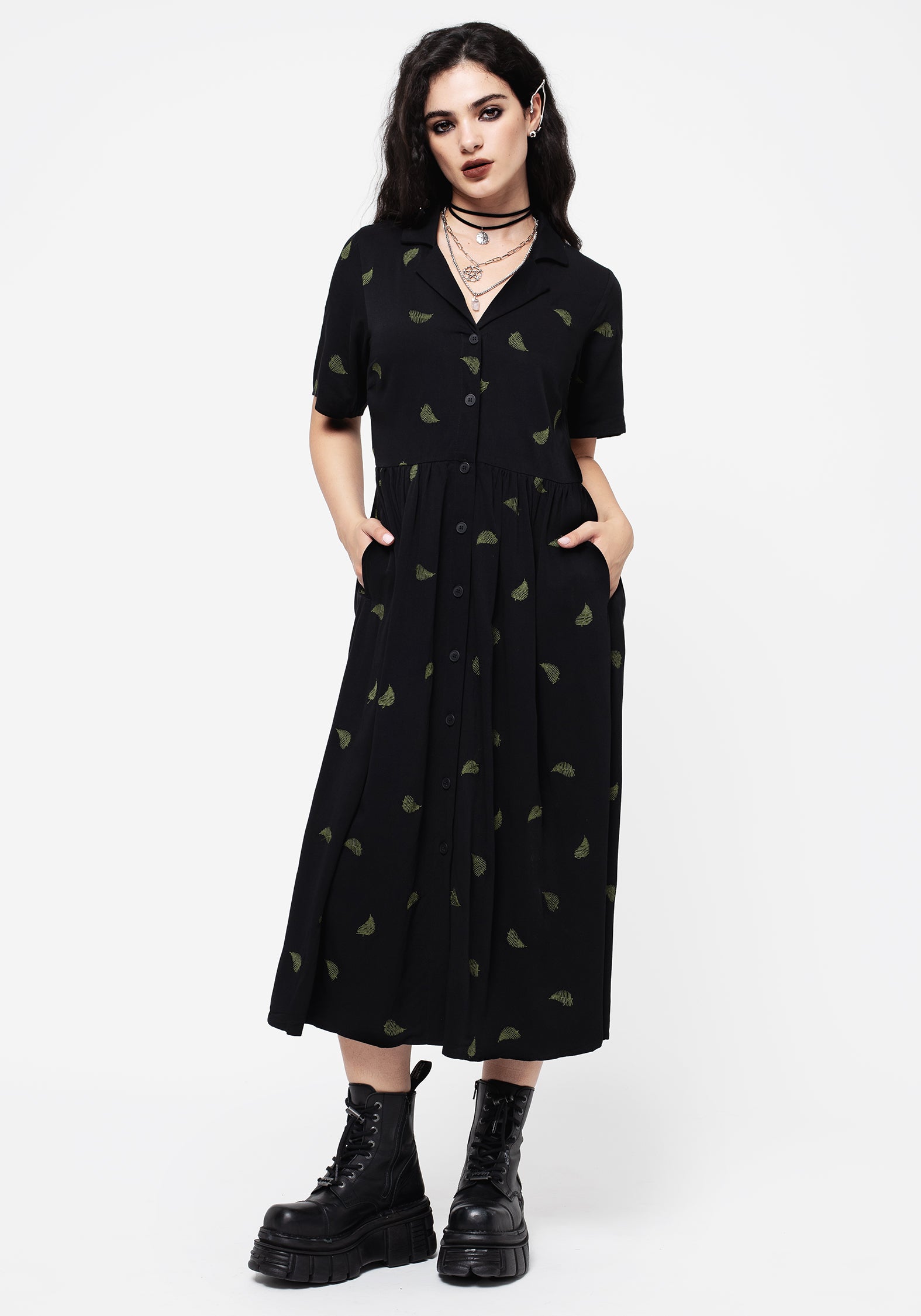Black Fern Embroidered Midi Shirt Dress | Eco-Viscose & Pockets