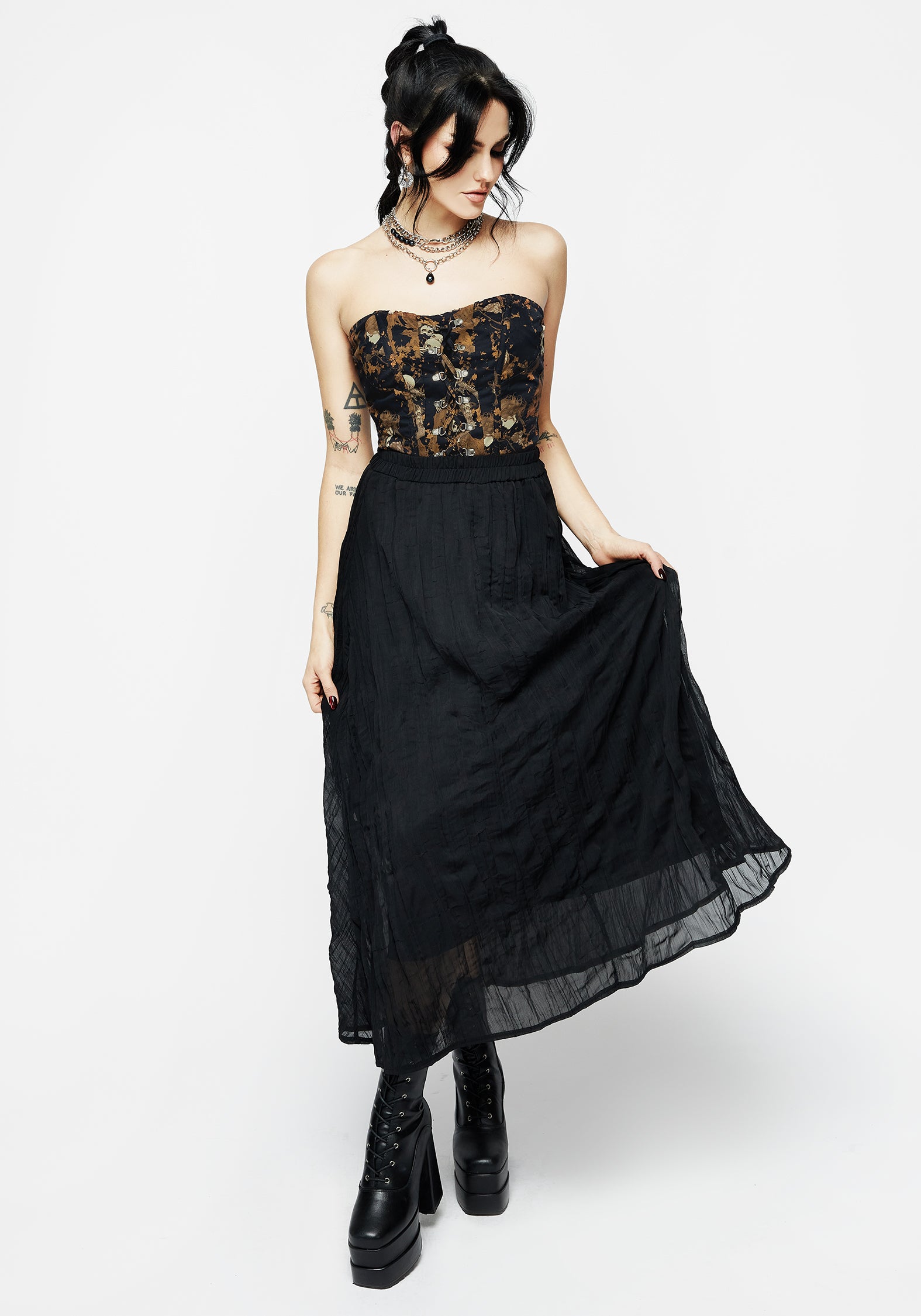 Black Pleated Chiffon Midaxi Skirt with Elastic Waistband | Vitalis