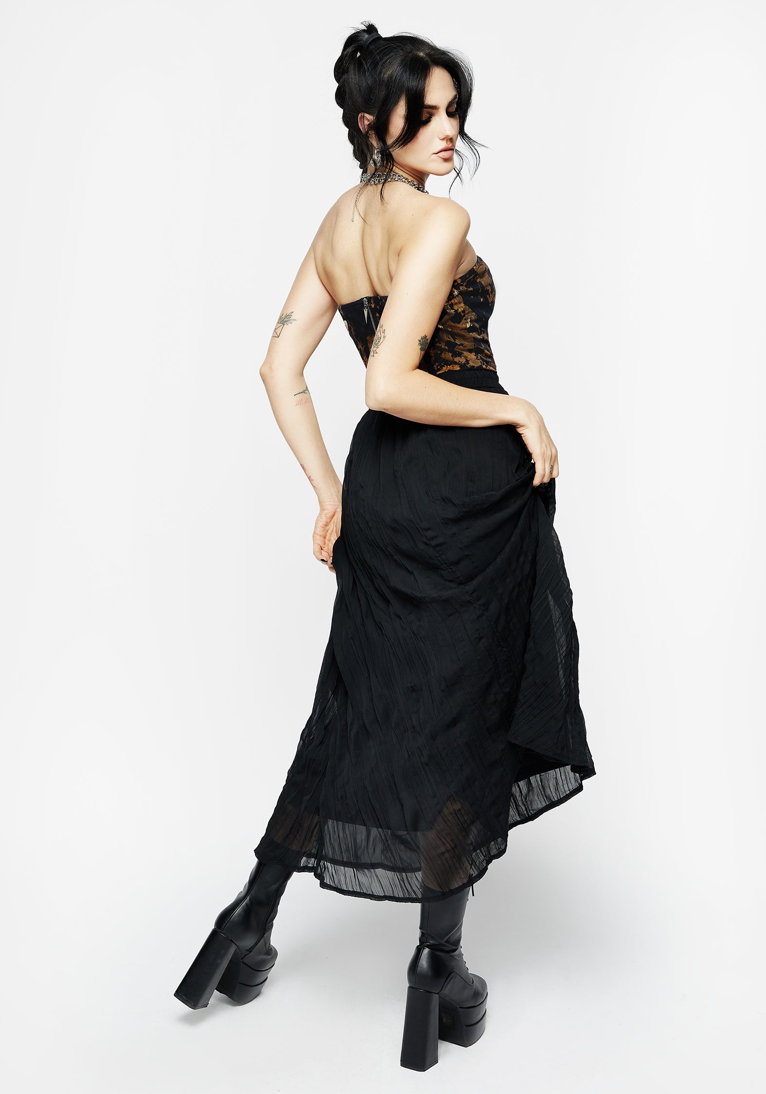 Black Pleated Chiffon Midaxi Skirt with Elastic Waistband | Vitalis