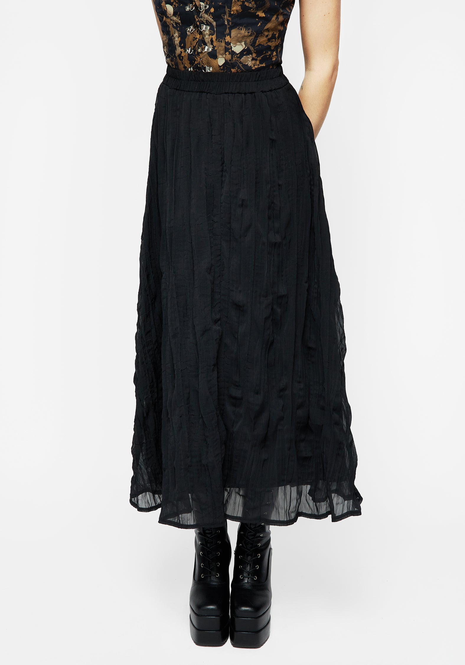 Black Pleated Chiffon Midaxi Skirt with Elastic Waistband | Vitalis