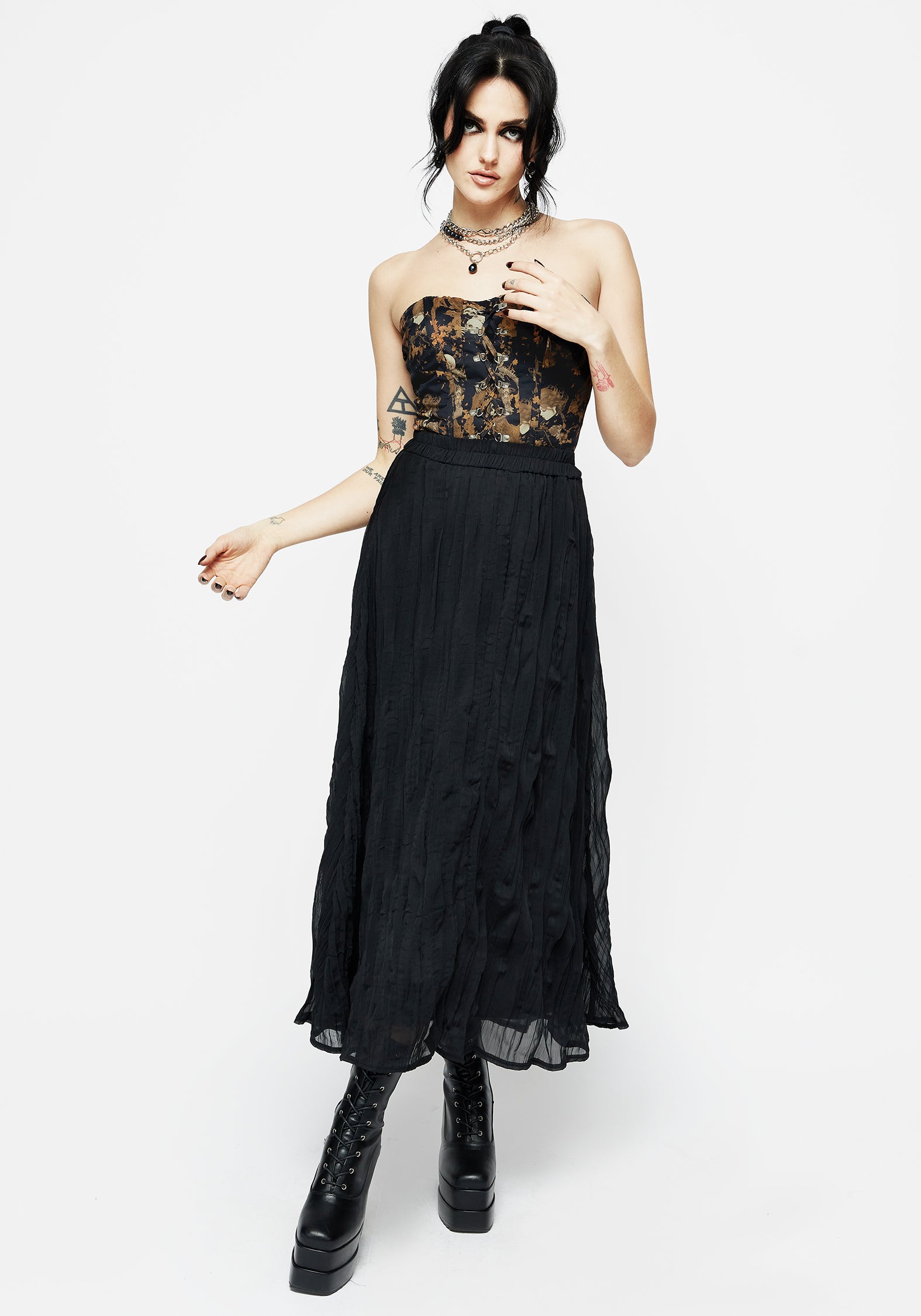 Black Pleated Chiffon Midaxi Skirt with Elastic Waistband | Vitalis
