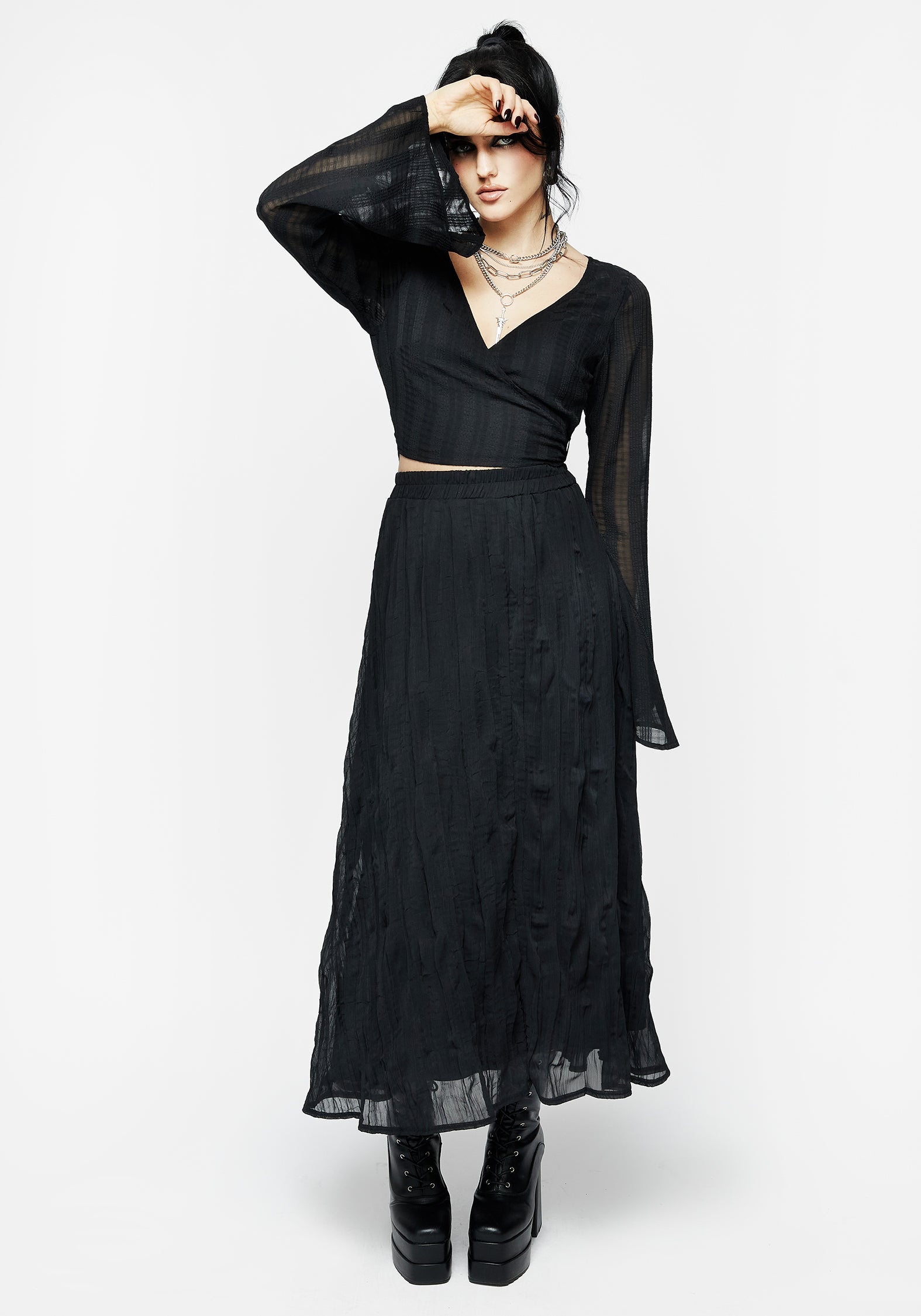 Black Pleated Chiffon Midaxi Skirt with Elastic Waistband | Vitalis
