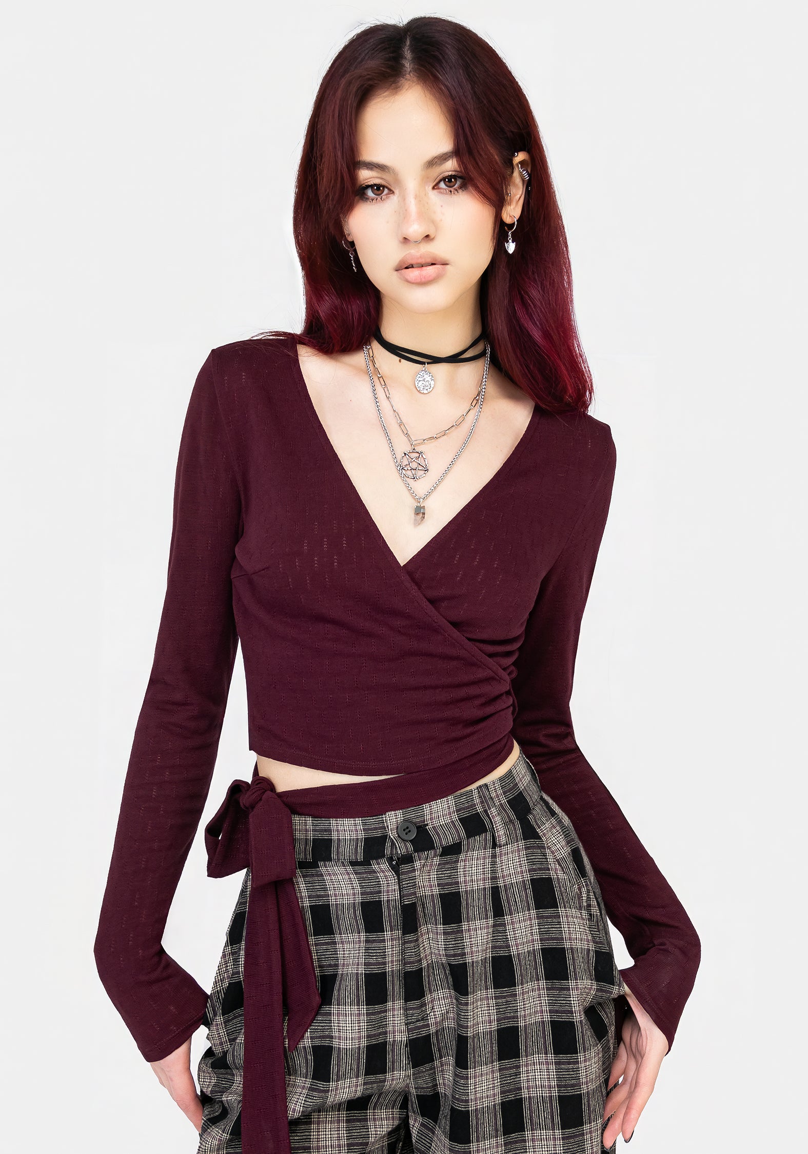 Burgundy Wrap Crop Top with Adjustable Ties | Allegra