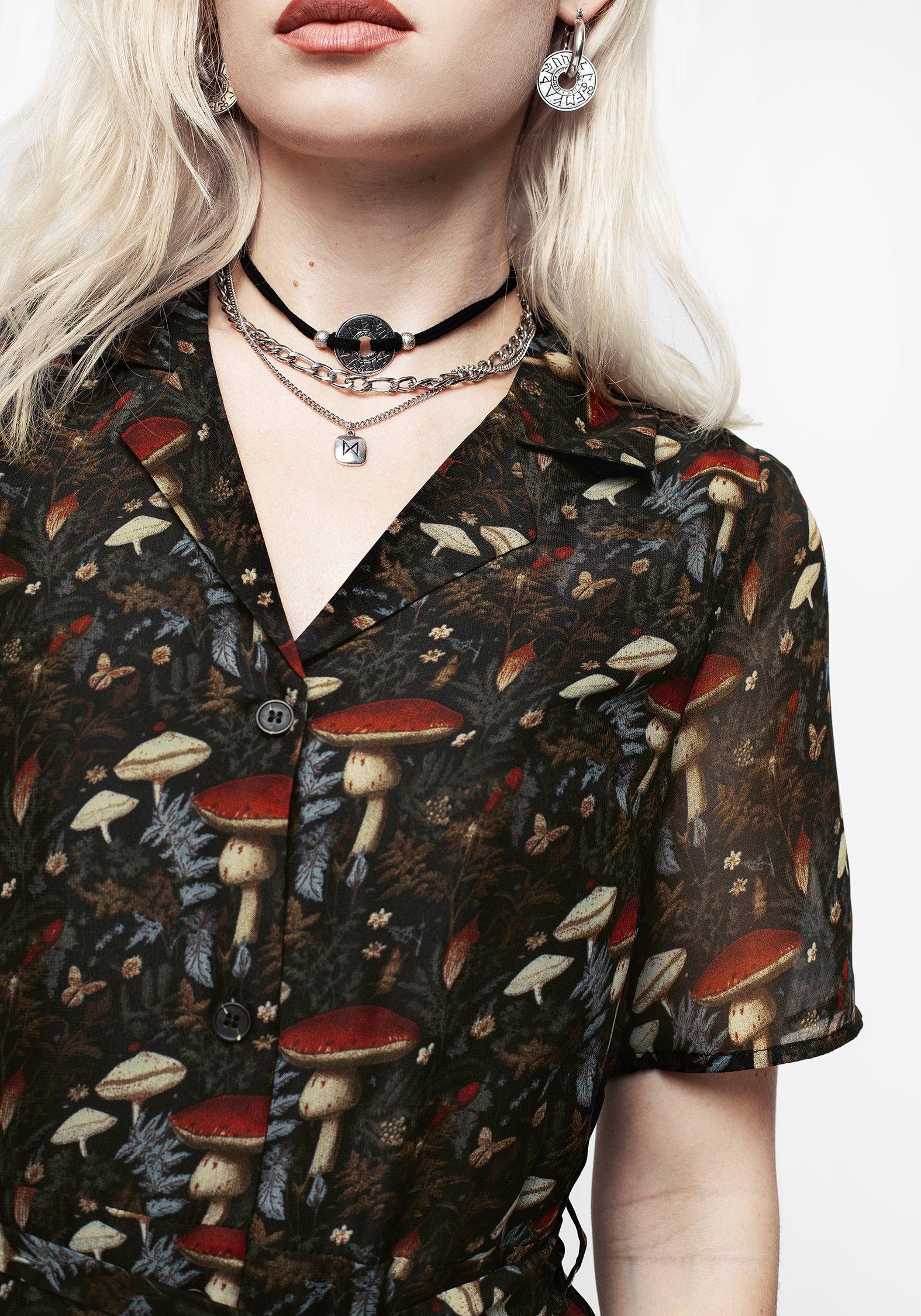 Amanita Mushroom Print Chiffon Shirt Dress | Cottagecore Midi Dress