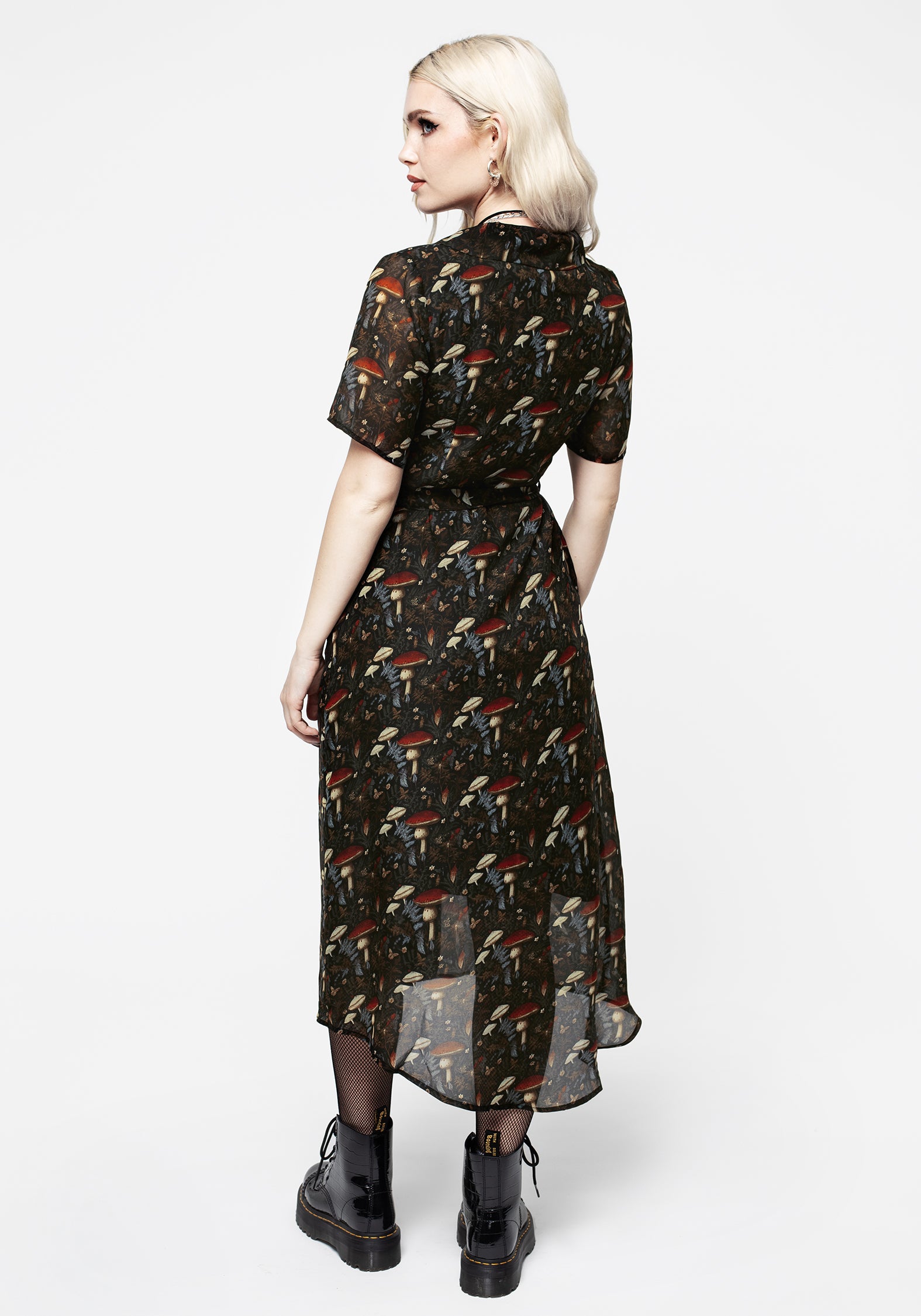 Amanita Mushroom Print Chiffon Shirt Dress | Cottagecore Midi Dress