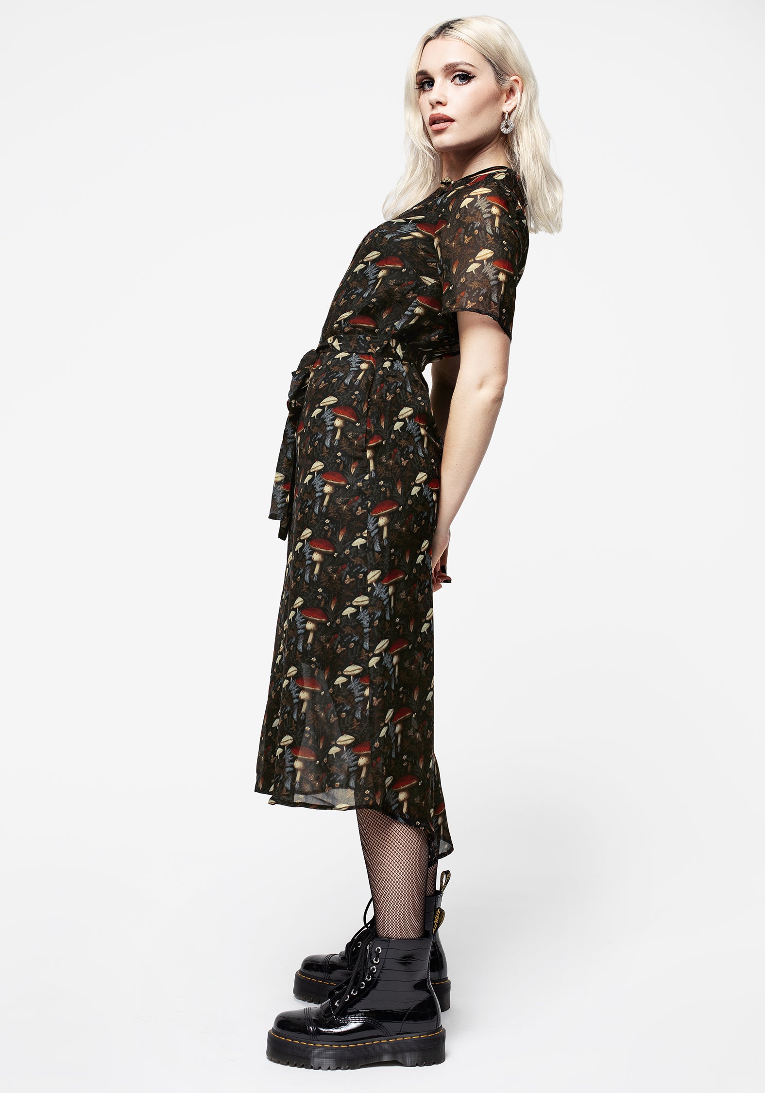 Amanita Mushroom Print Chiffon Shirt Dress | Cottagecore Midi Dress