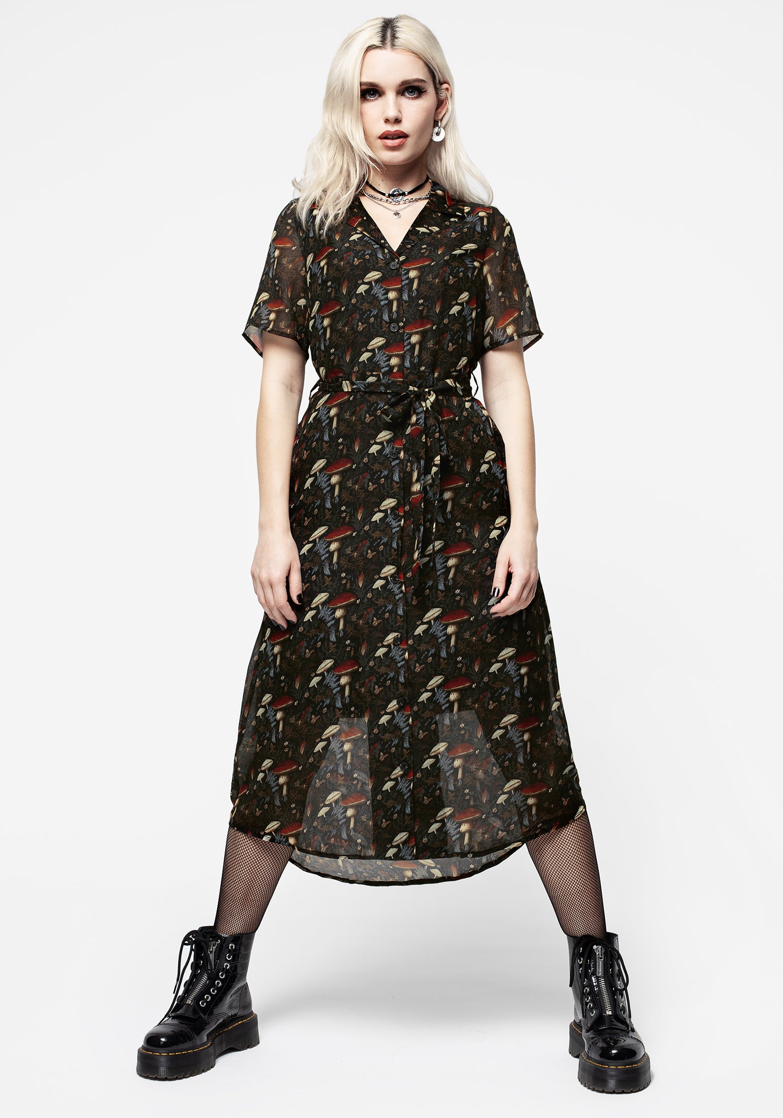 Amanita Mushroom Print Chiffon Shirt Dress | Cottagecore Midi Dress