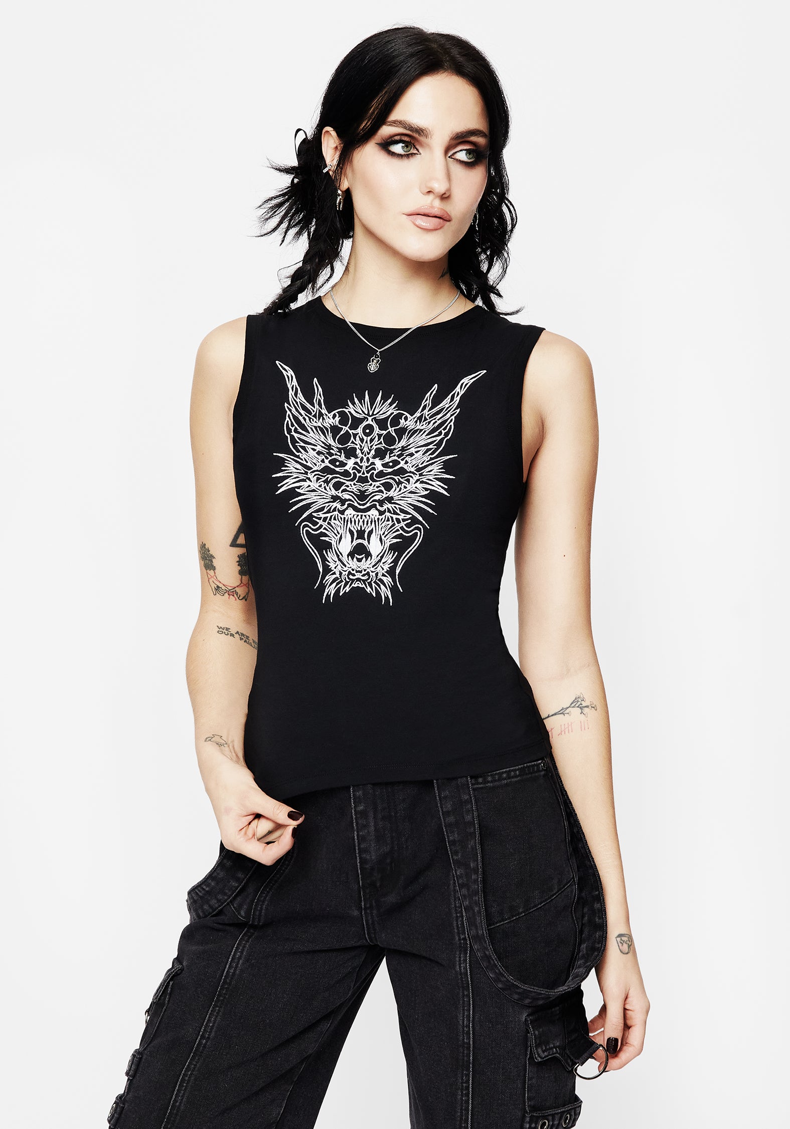 Black Dragon Embroidered Sleeveless Top - Slim Fit Jersey | Guardian