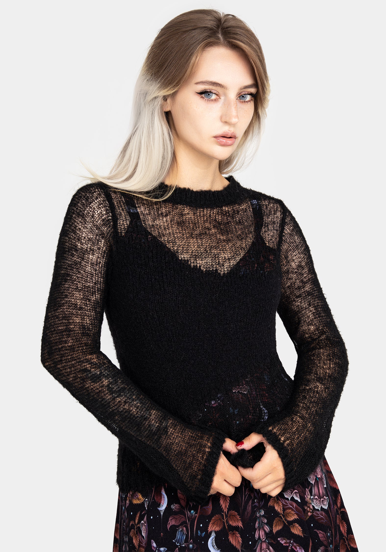 Black Sheer Knit Top with Wool Blend | Cosy Relaxed Fit
