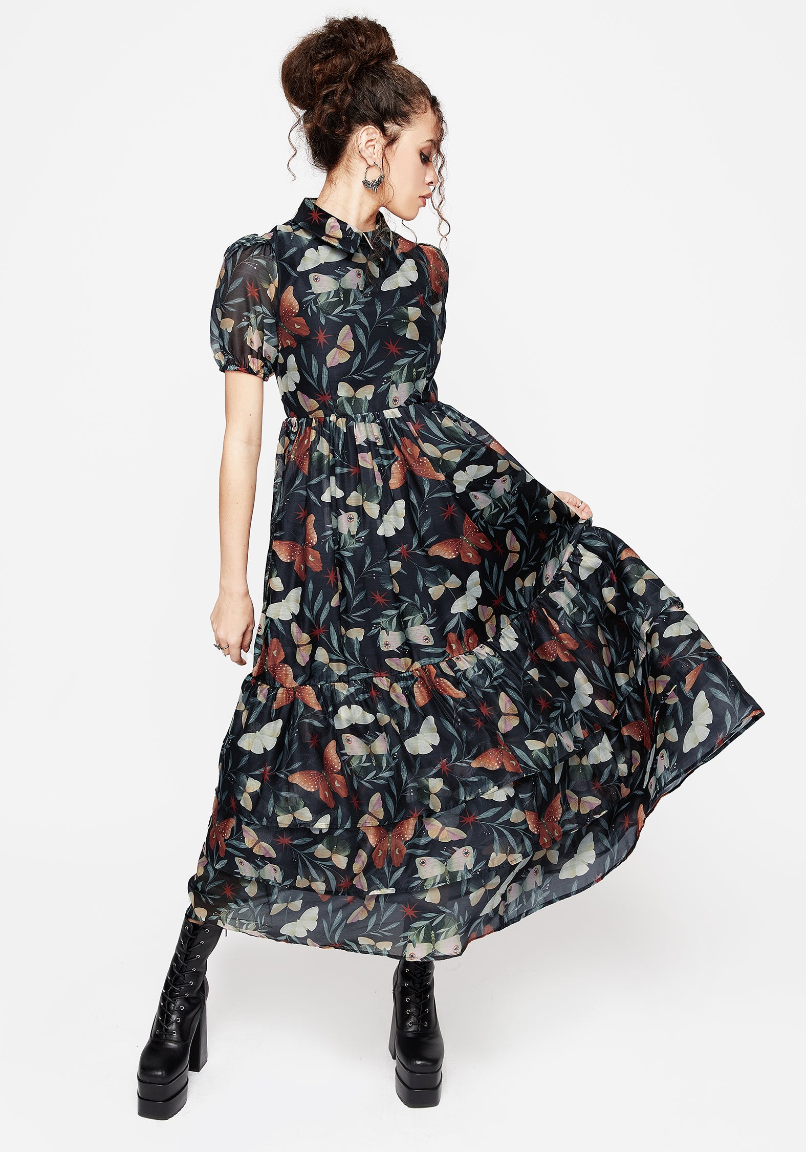 Butterfly Print Puff Sleeve Organza Maxi Dress | Mariposa