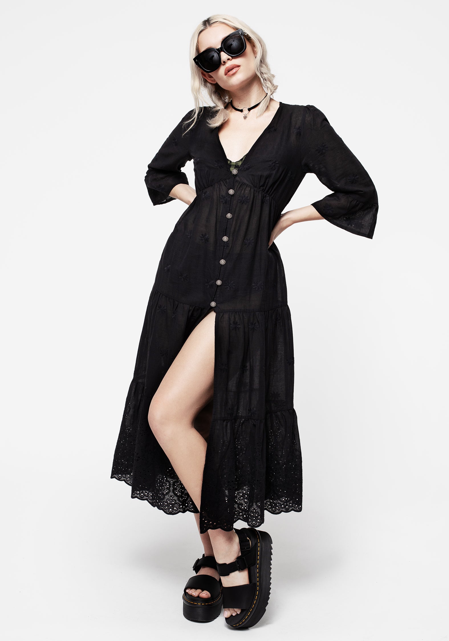 Black Embroidered Cotton Tiered Overdress | Gossamer