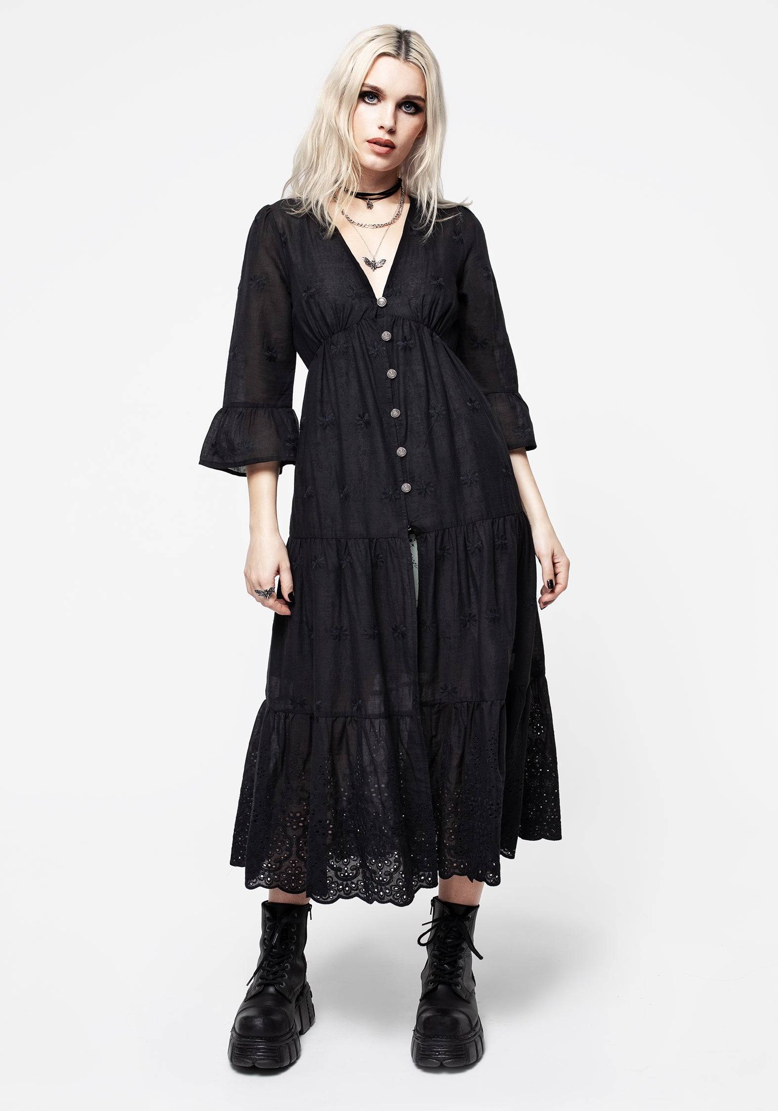 Black Embroidered Cotton Tiered Overdress | Gossamer