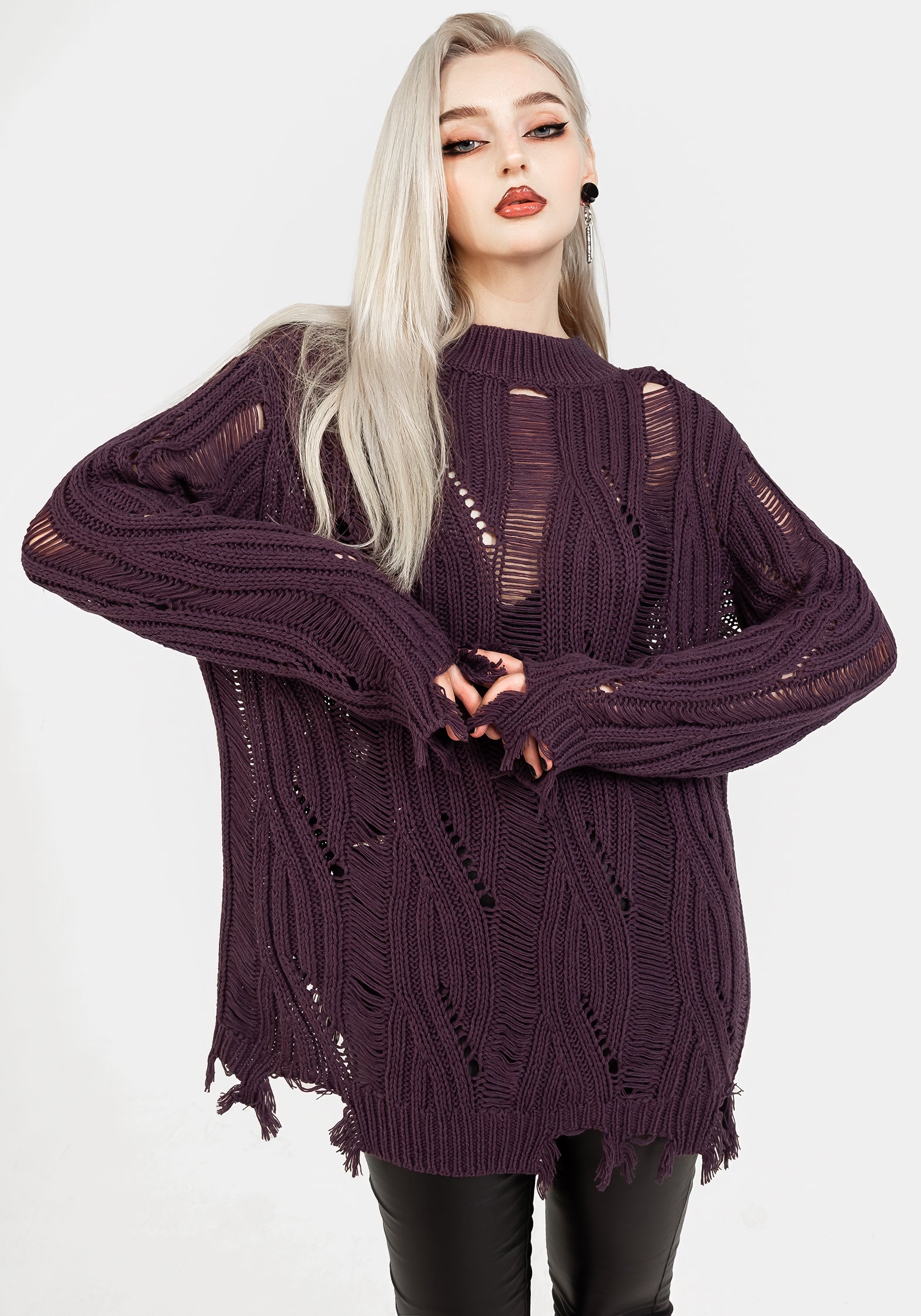 Lavender Distressed Knit Sweater | Oversized Relaxed Fit | Dayglo