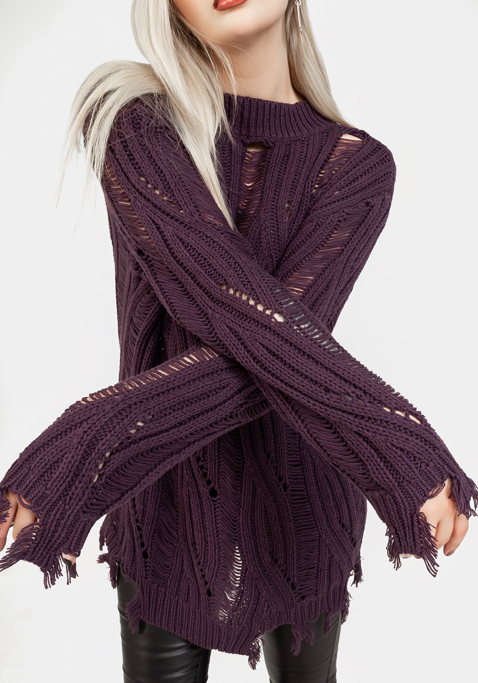 Lavender Distressed Knit Sweater | Oversized Relaxed Fit | Dayglo
