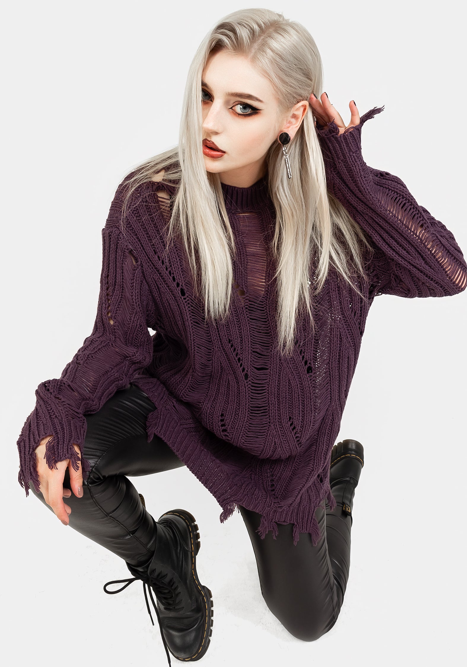 Lavender Distressed Knit Sweater | Oversized Relaxed Fit | Dayglo