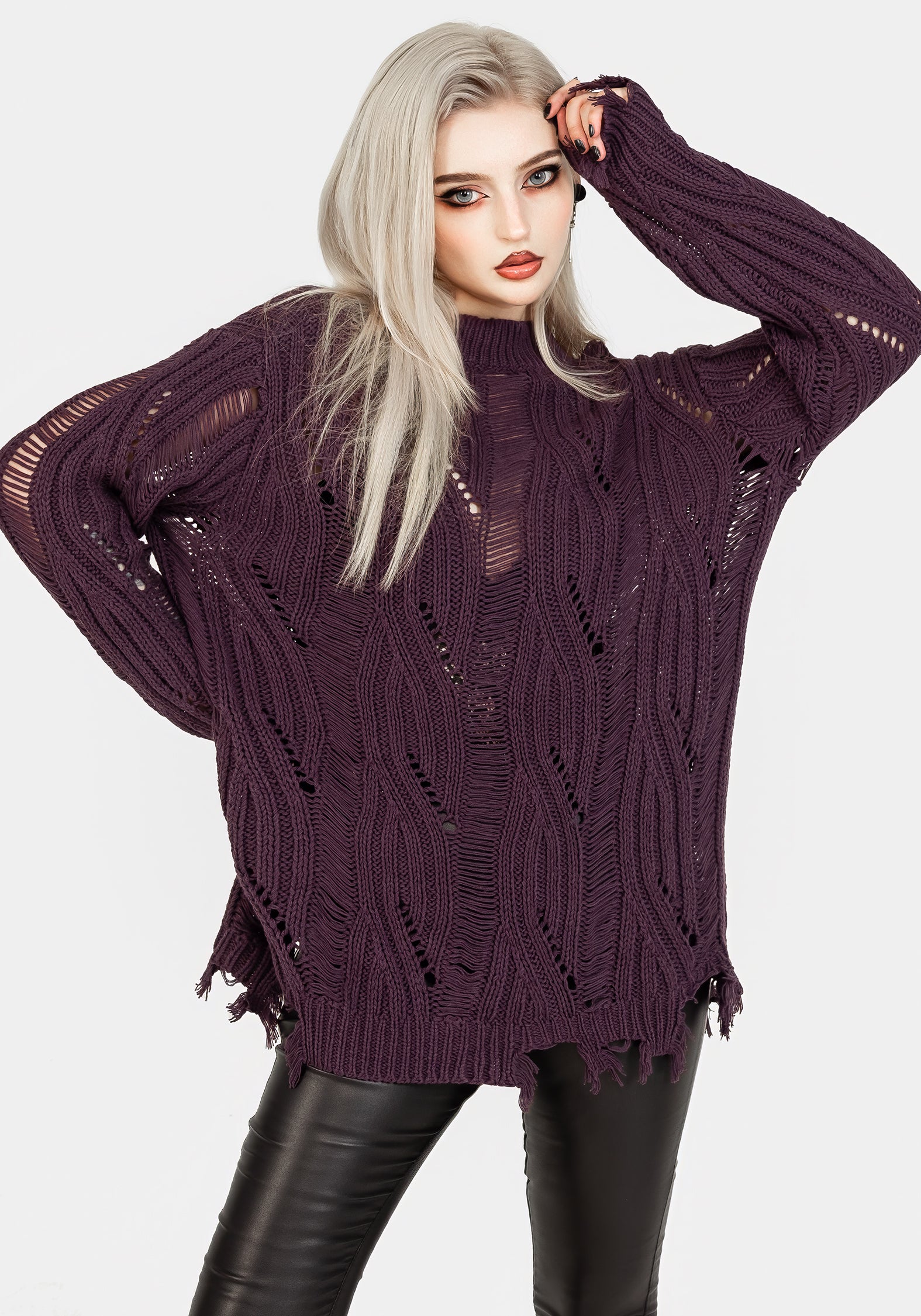 Lavender Distressed Knit Sweater | Oversized Relaxed Fit | Dayglo